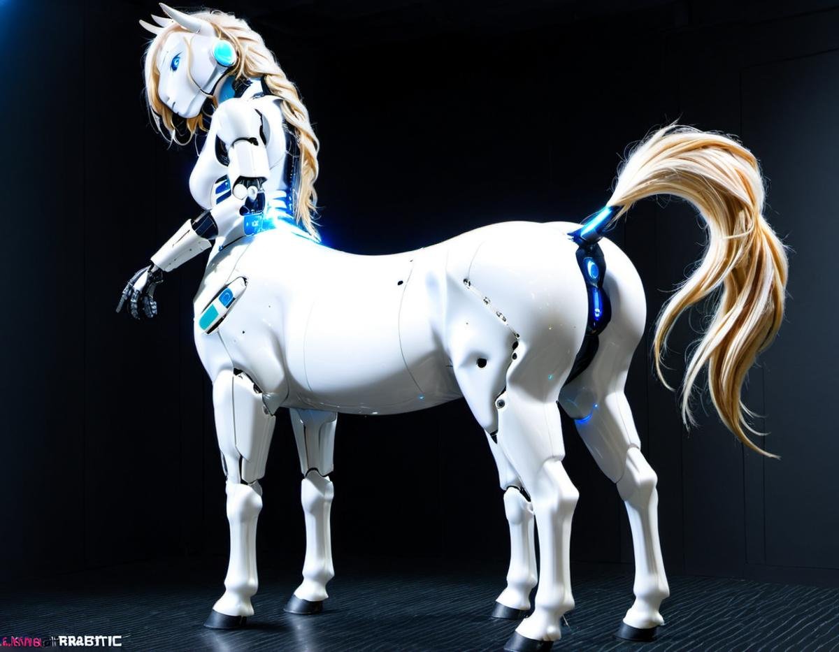 <lora:centaurx1:.9> female robotic centaur, from behind, looking over shoulder, white plastic skin, fiber optic mane, exposed electronics, fiber optic tail, circuit design, canon arm, scifi, hi tech,<lora:Horse_Pussy:.8>, equine pussy, equine anus