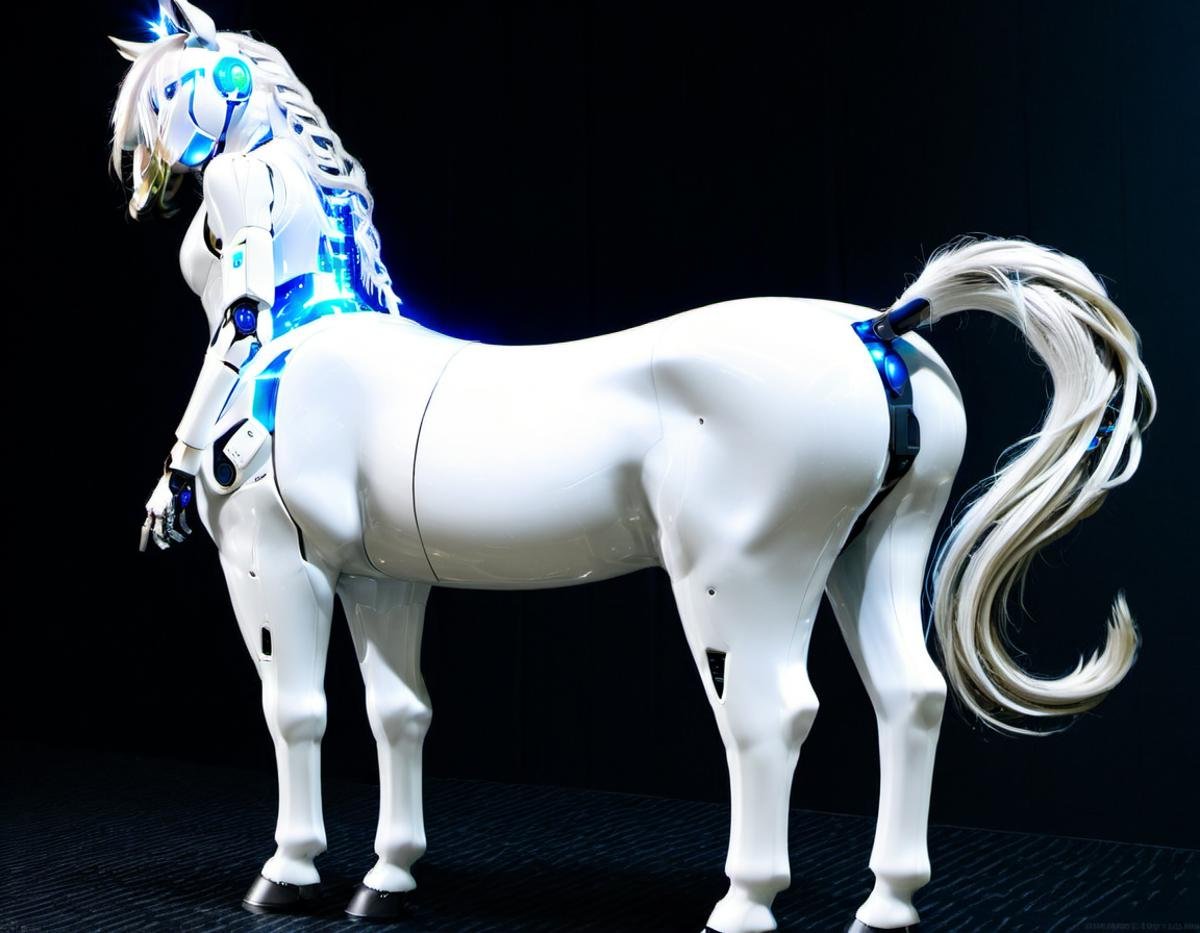 <lora:centaurx1:.9> female robotic centaur, from behind, looking over shoulder, white plastic skin, fiber optic mane, exposed electronics, fiber optic tail, circuit design, canon arm, scifi, hi tech,<lora:Horse_Pussy:.8>, equine pussy, equine anus