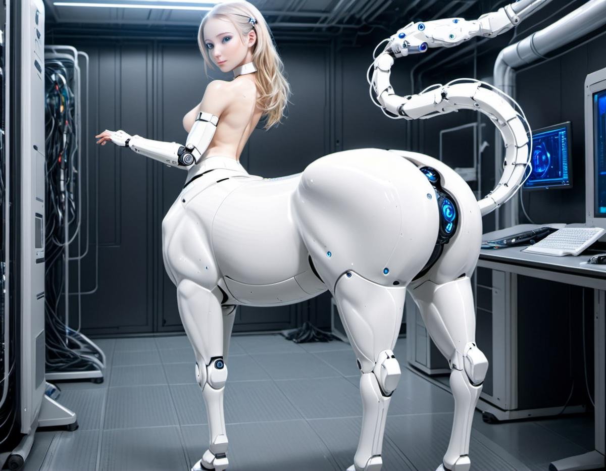 <lora:centaurx-000012:1.2>, Amandurr style, centaur biorobot in flexible pose, white skin, in cybernetic laboratory, from behind, looking over shoulder, equine pussy, <lora:Horse_Pussy:.4>