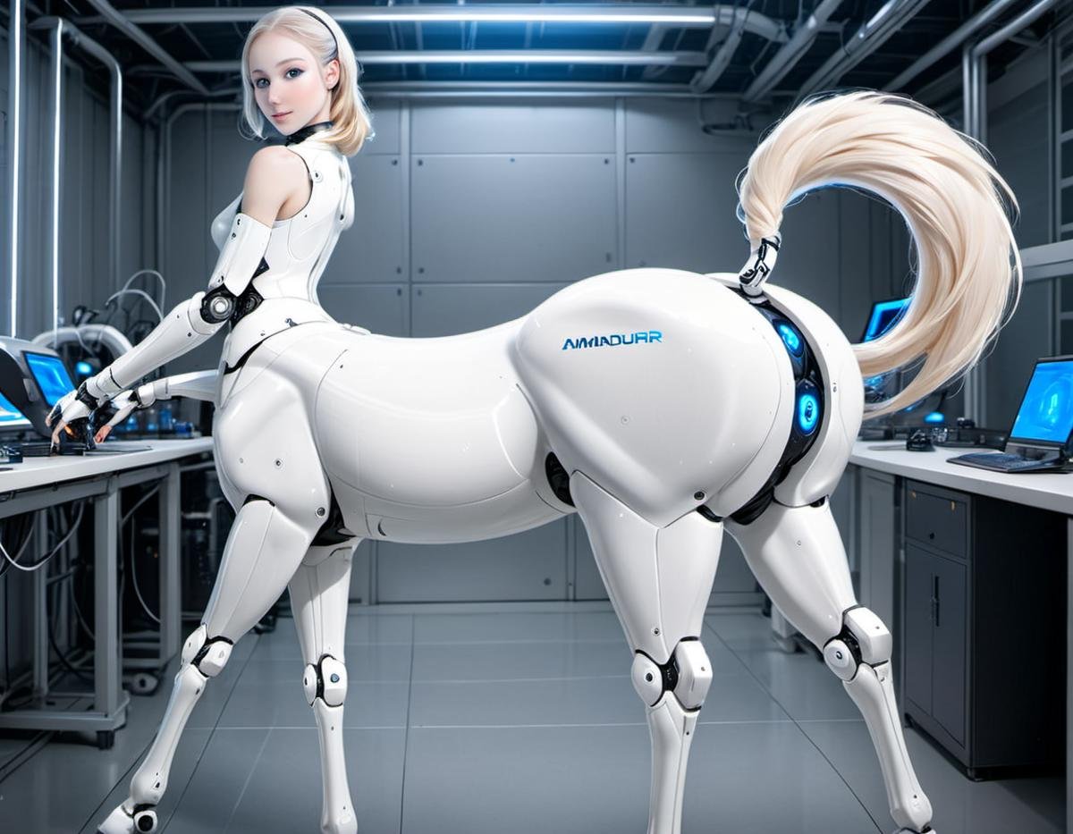 <lora:centaurx-000012:1.2>, Amandurr style, centaur biorobot in flexible pose, white skin, in cybernetic laboratory, from behind, looking over shoulder, equine pussy, <lora:Horse_Pussy:.4>