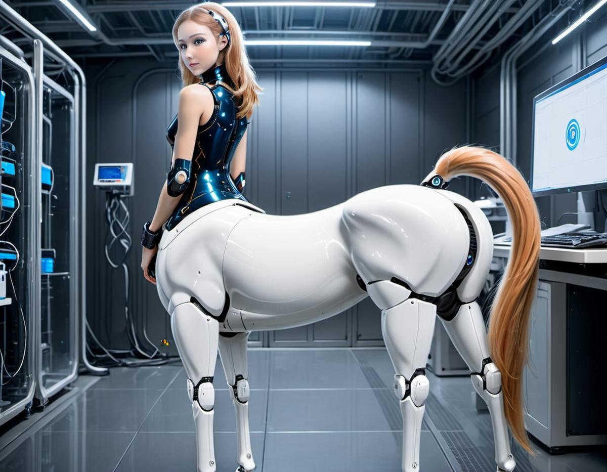 <lora:centaurx-000012:1.2>, Amandurr style, centaur biorobot in flexible pose, in cybernetic laboratory, from behind, looking over shoulder, equine pussy, <lora:Horse_Pussy:.2>