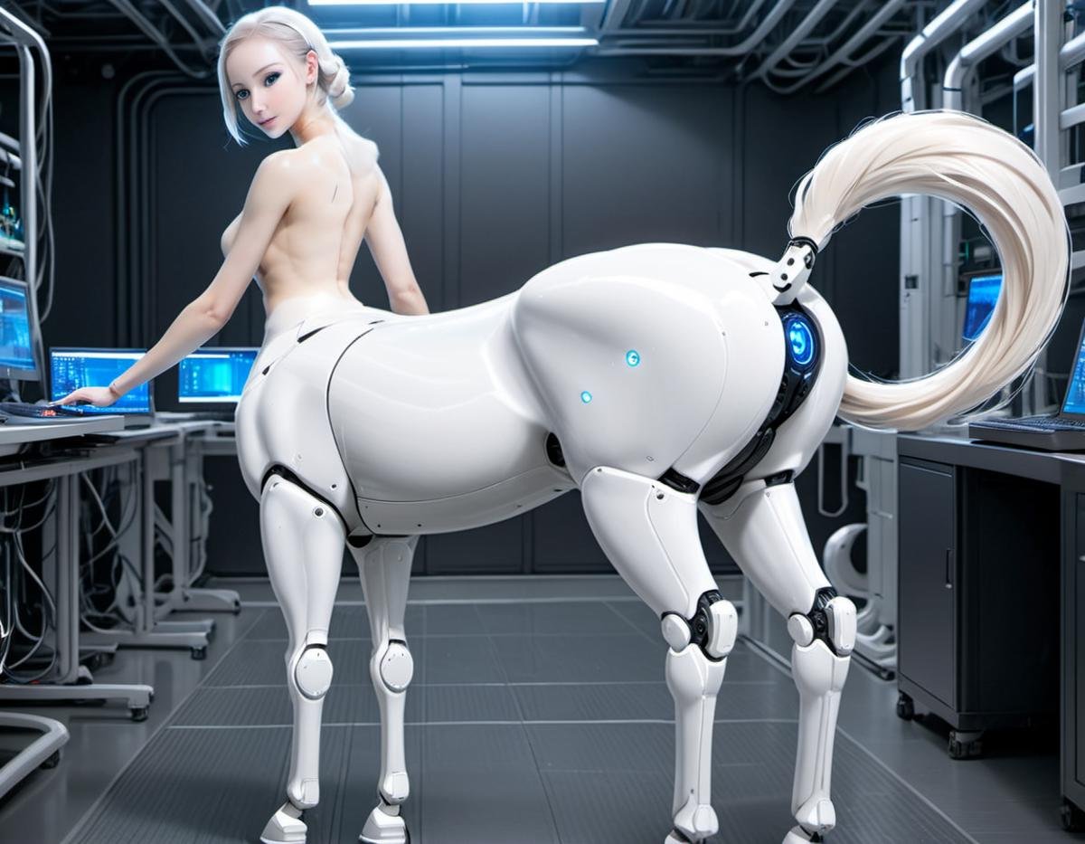 <lora:centaurx-000012:1.2>, Amandurr style, centaur biorobot in flexible pose, white skin, in cybernetic laboratory, from behind, looking over shoulder, equine pussy, <lora:Horse_Pussy:.4>