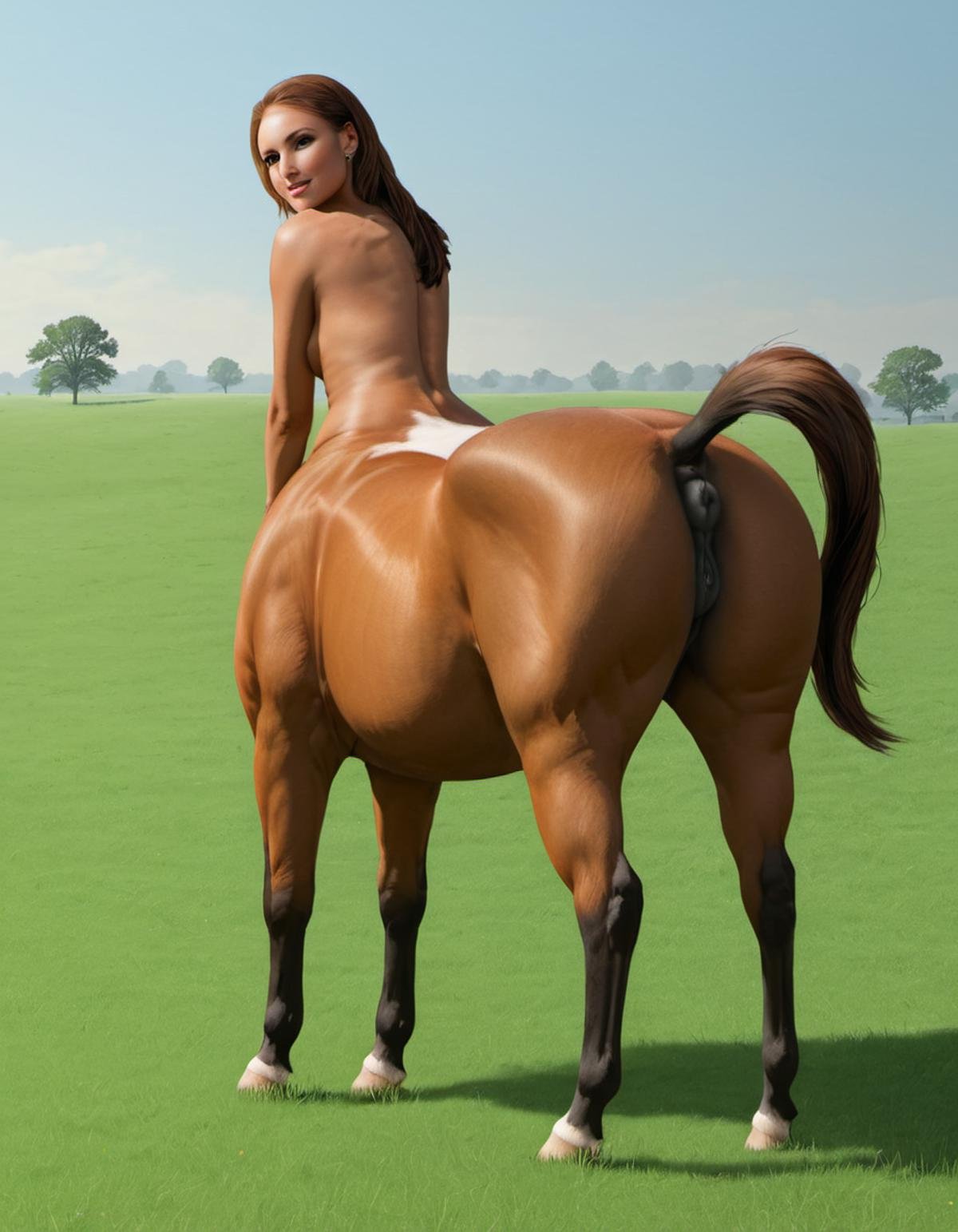 <lora:centaurx-000012:1>female centaur, realistic, from behind, equine pussy, equine anus, seductive, grassy field, in heat, hooves, looking over shoulder, <lora:Horse_Pussy:.6>