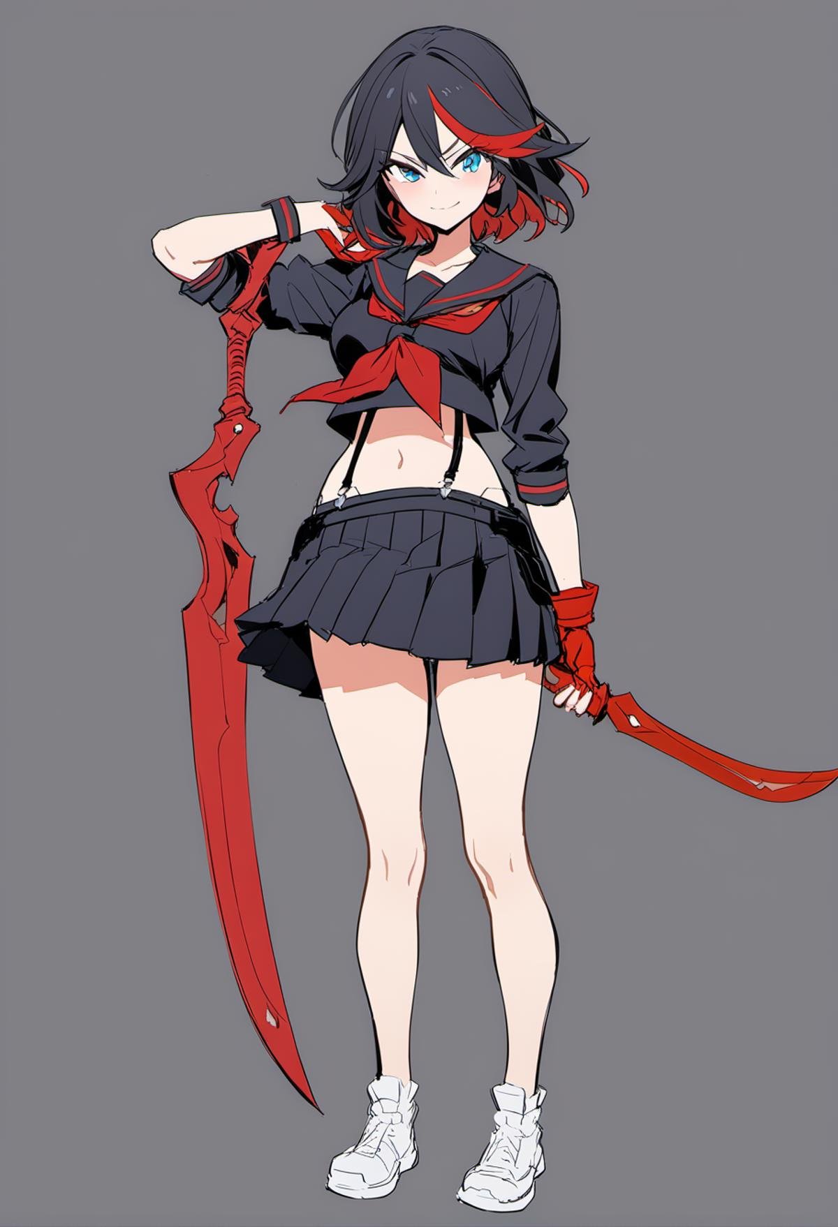 rating: sensitive,  <lora:Matoi_Ryuuko_SDXL:1>,1girl, scissor blade, matoi ryuuko, senketsu, skirt, solo, school uniform, shoes, black hair, multicolored hair, smile, single glove, gloves, red gloves, short hair, serafuku, blue eyes, red hair, white background, streaked hair, suspenders, pleated skirt, standing, navel, full body, sneakers, simple background, weapon, midriff, black skirt, looking at viewer, holding, shirt, neckerchief, closed mouth, red neckerchief, crop top, black shirt, holding weapon, two-tone hair, sword, masterpiece, best quality