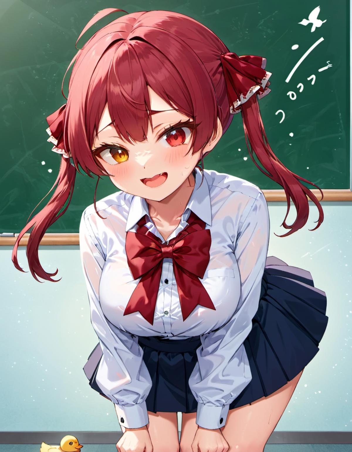 <lora:Houshou_Marine:.8> houshou marine, heterochromia, crime prevention buzzer, twintails, randoseru, solo, looking at viewer, skin fang, red bow, bird, smile, aged down, shirt, school uniform, long hair, blush, bow, long sleeves, fang, leaning forward, bowtie, open mouth, red bowtie, white shirt, skirt, hair ribbon, red ribbon, holding, duck, collared shirt, dress