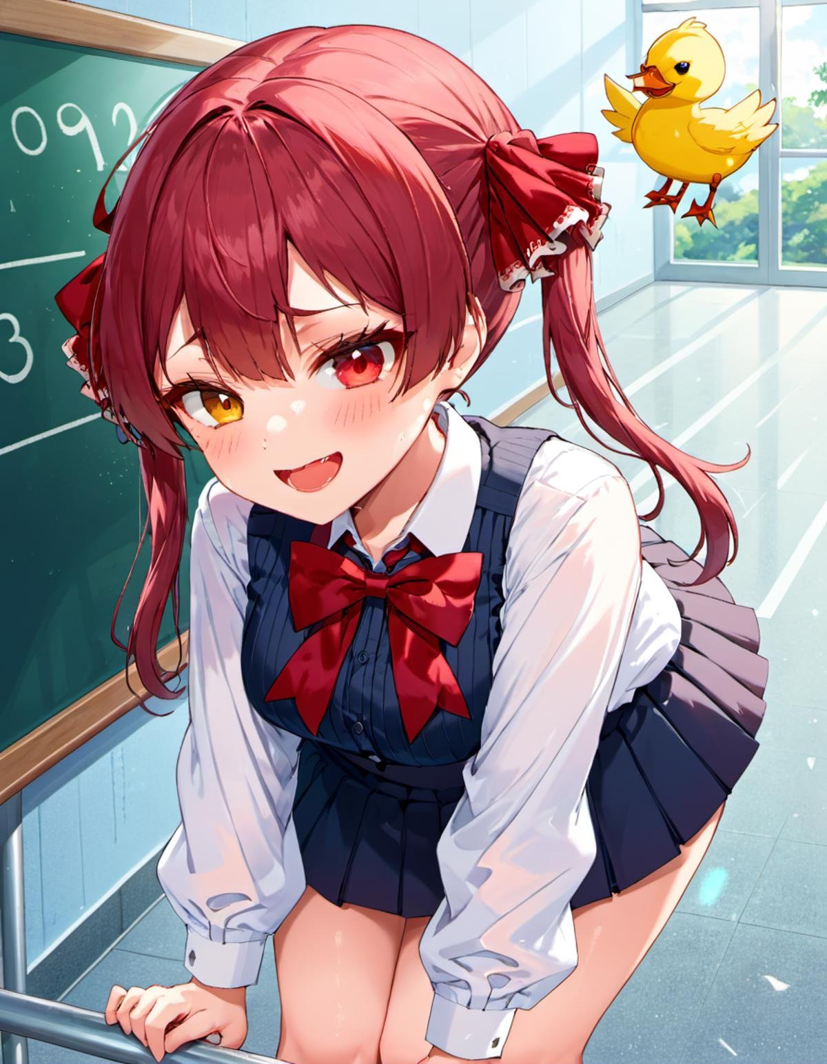 <lora:Houshou_Marine:.8> houshou marine, heterochromia, crime prevention buzzer, twintails, randoseru, solo, looking at viewer, skin fang, red bow, bird, smile, aged down, shirt, school uniform, long hair, blush, bow, long sleeves, fang, leaning forward, bowtie, open mouth, red bowtie, white shirt, skirt, hair ribbon, red ribbon, holding, duck, collared shirt, dress