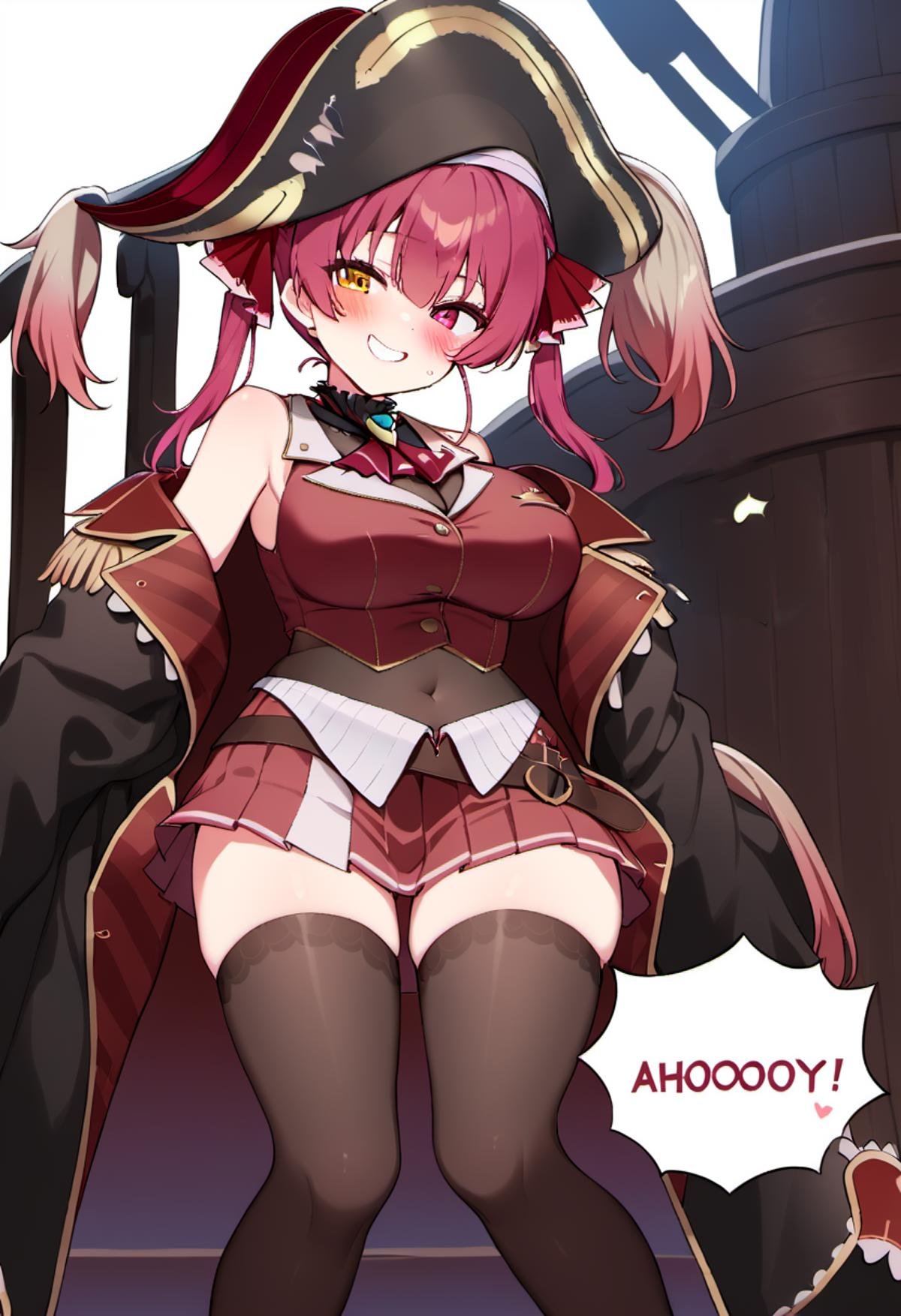 rating: general,  <lora:Houshou_Marine:1> houshou marine, solo, heterochromia, pirate hat, twintails, skirt, black thighhighs, large breasts, blush, smile, looking at viewer, standing on a pirate ship, winking, BREAK <lora:texta:1> english text, ("Ahooooy~~":1.4)