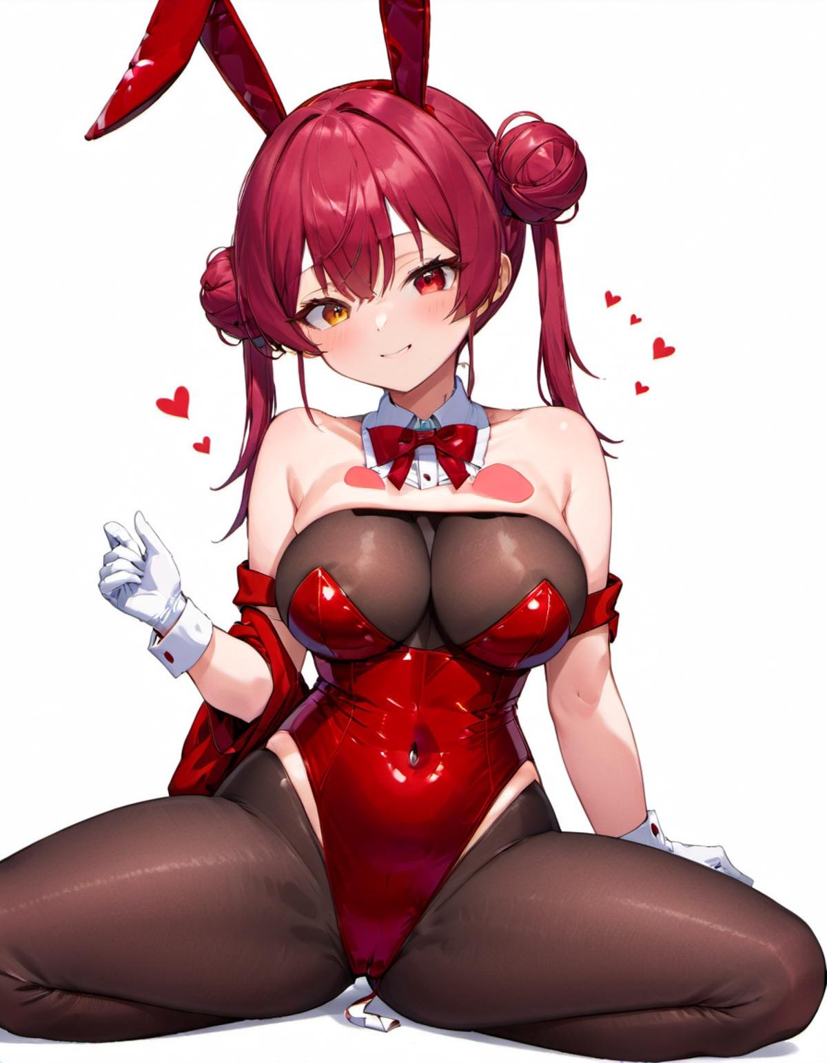 <lora:Houshou_Marine:.8> houshou marine, hair bun, pantyhose, rabbit ears, playboy bunny, gloves, long hair, heterochromia, red bowtie, twintails, leotard, white gloves, red bow, double bun, looking at viewer, rabbit tail, blush, wrist cuffs, covered navel, white background, love hotel, detached collar,  closed mouth, red leotard, smile, black pantyhose, bare shoulders, sitting, cleavage, large breasts, strapless