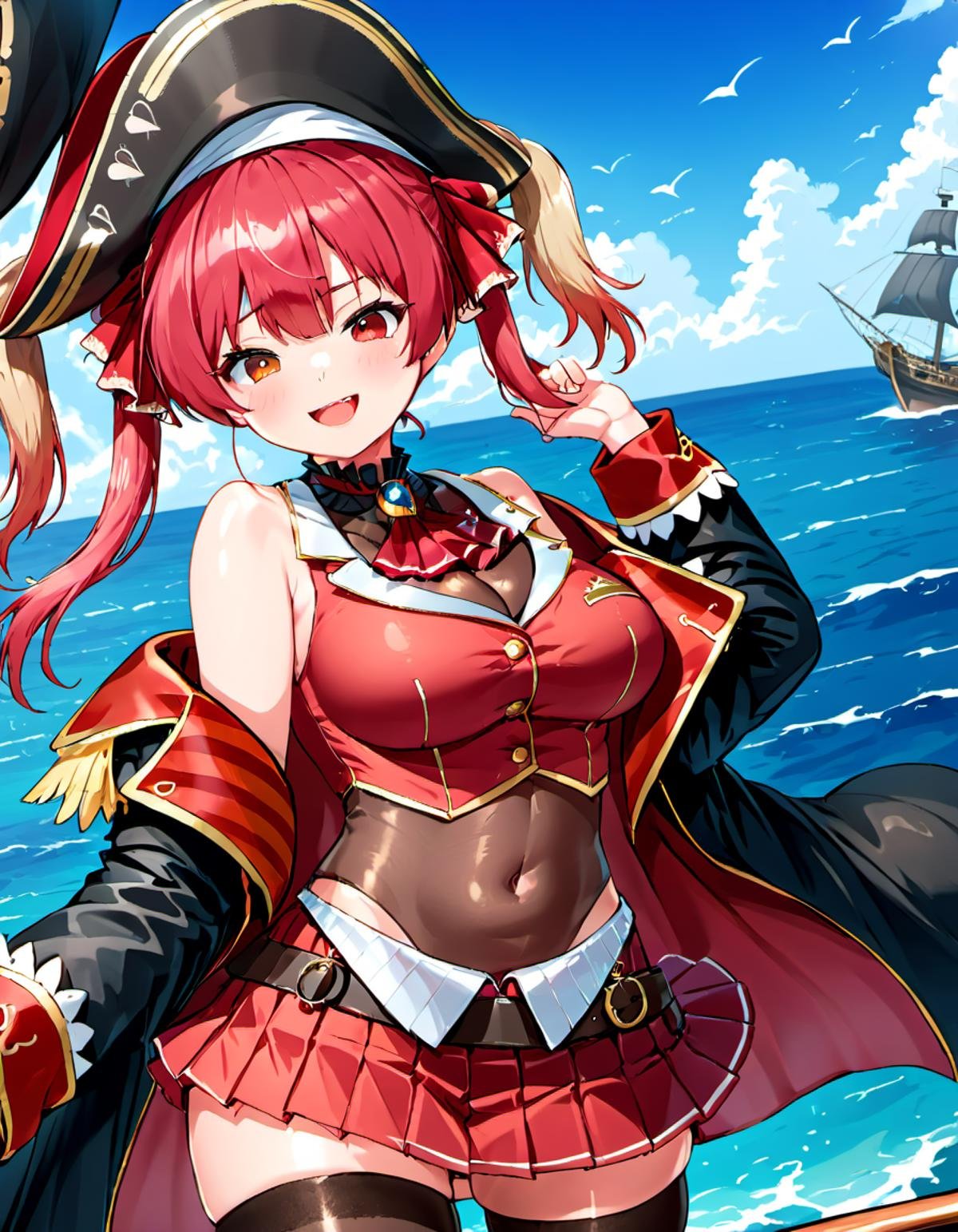 <lora:Houshou_Marine:.8> houshou marine, solo, heterochromia, pirate hat, twintails, skirt, black thighhighs, large breasts, blush, smile, looking at viewer, open mouth, covered navel, long hair, red pleated skirt, pirate ship at sea,  red ascot, off shoulder, see-through leotard, black coat, bare shoulders, black headwear, bicorne, thighs, see-through, miniskirt, ribbon, jacket, pirate, belt, :d, hair ribbon 