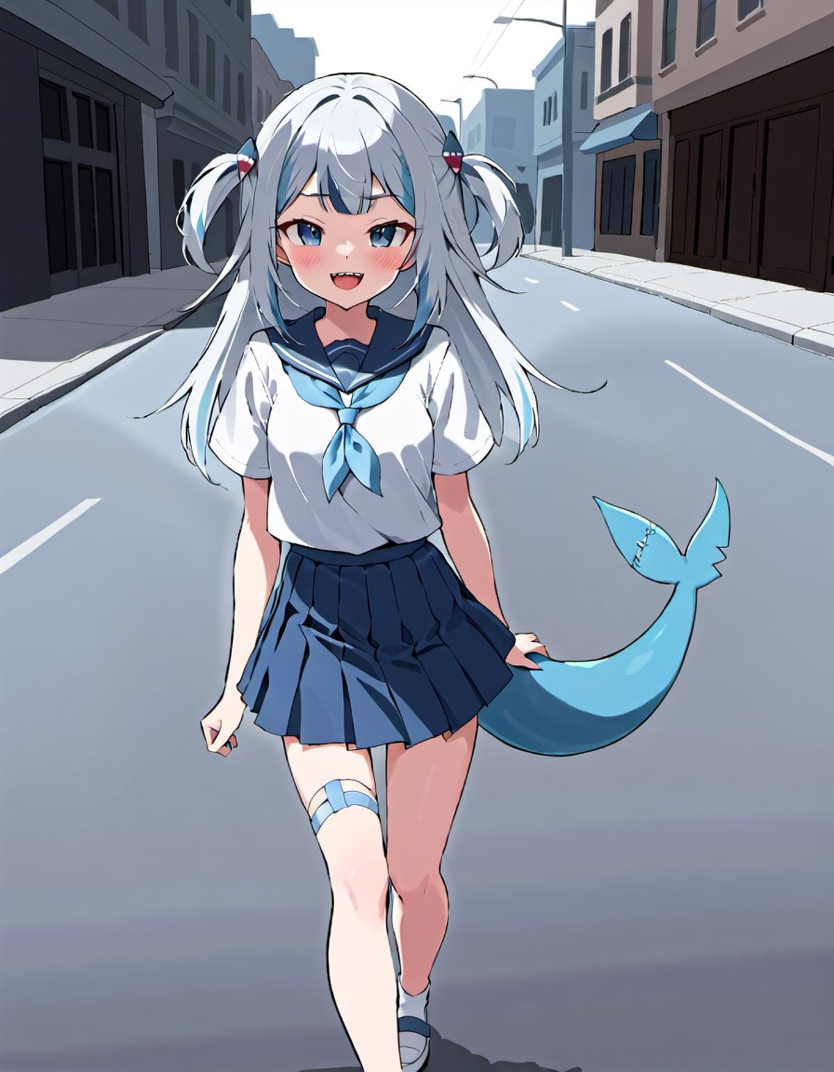 <lora:Gawr_Gura__SDXL:1> gawr gura, teeth, solo, tail, sharp teeth, shark tail, shark girl, looking at viewer, smile, blush, open mouth,  walking on a city street during the day, skirt, school uniform, hair ornament, blue skirt, blush, shark girl, bandaid, long hair, pleated skirt, shirt