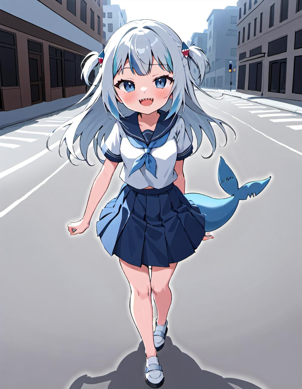 <lora:Gawr_Gura__SDXL:1> gawr gura, teeth, solo, tail, sharp teeth, shark tail, shark girl, looking at viewer, smile, blush, open mouth,  walking on a city street during the day, skirt, school uniform, hair ornament, blue skirt, blush, shark girl, bandaid, long hair, pleated skirt, shirt