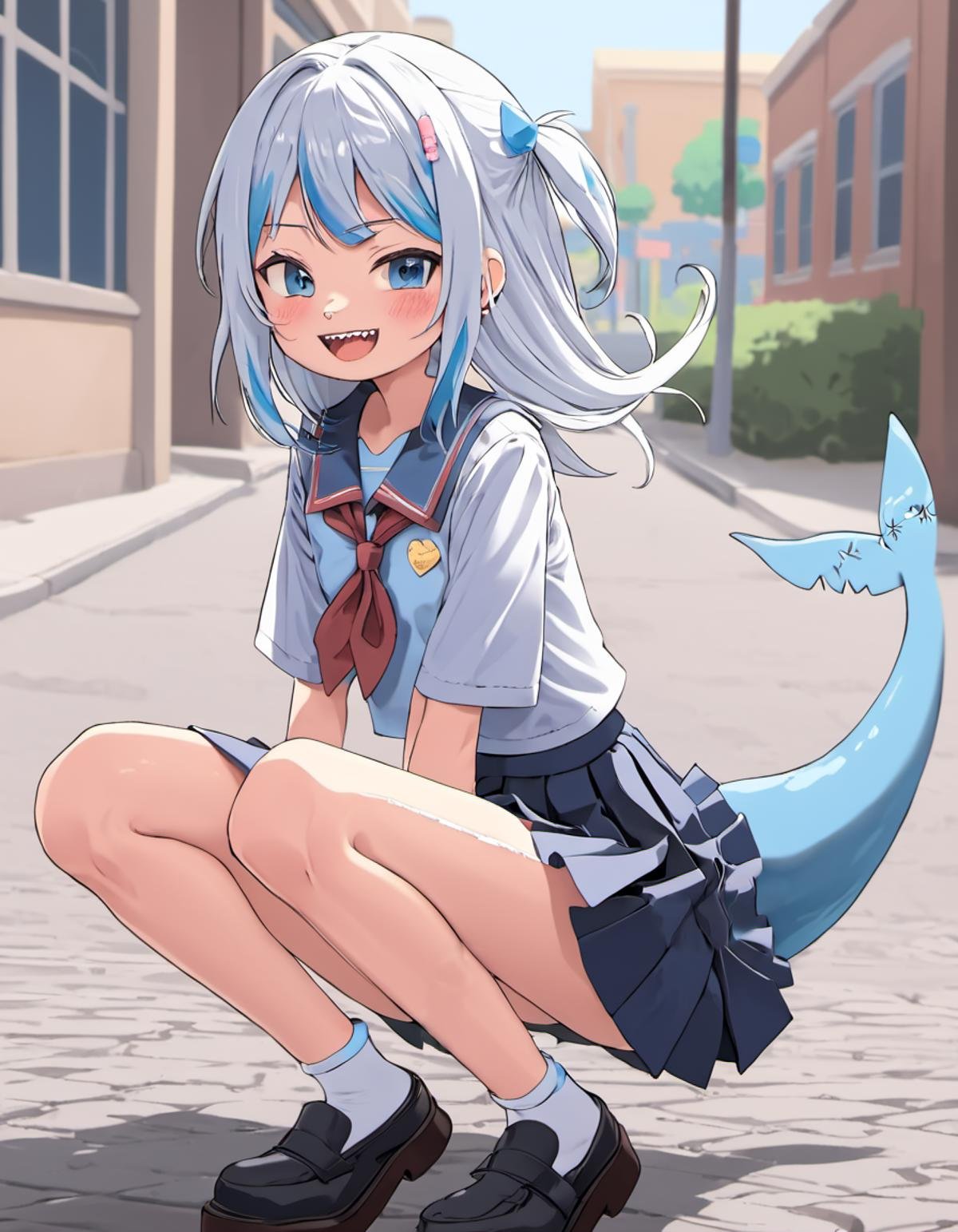 <lora:Gawr_Gura__SDXL:1> gawr gura, teeth, solo, tail, sharp teeth, shark tail, shark girl, looking at viewer, smile, blush, open mouth,  walking on a city street during the day, skirt, school uniform, hair ornament, sitting, blue skirt, blush, shark girl, bandaid, long hair, pleated skirt, shirt