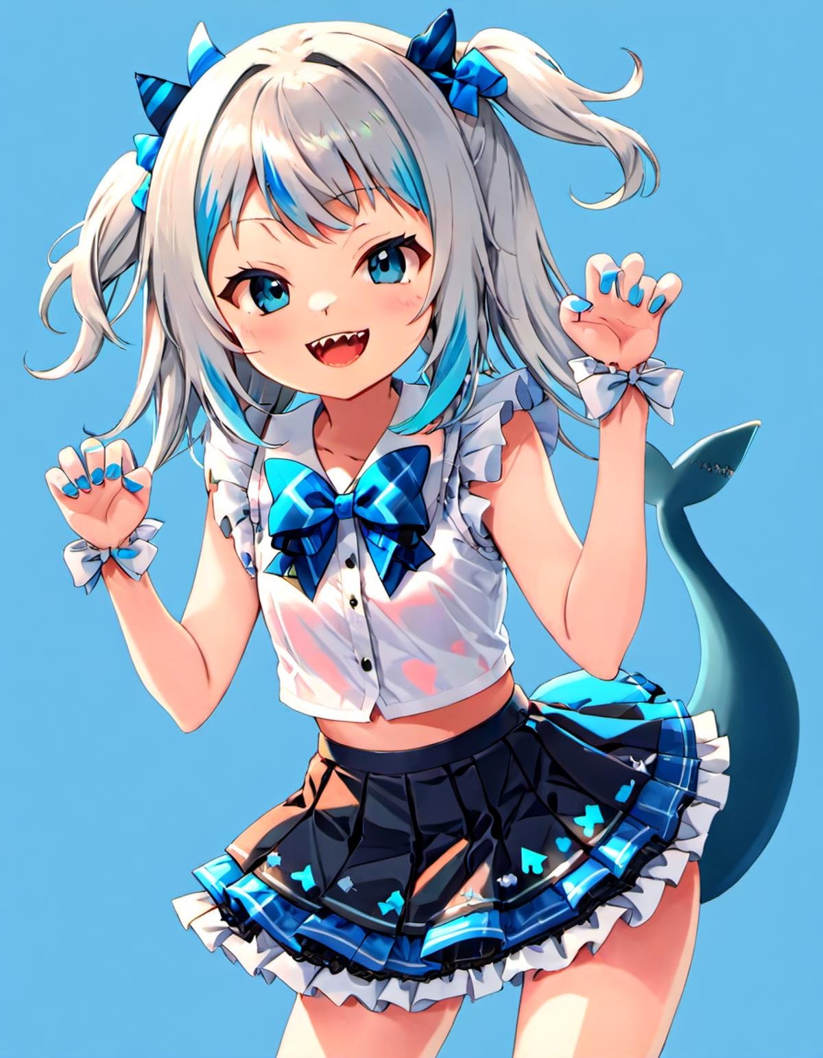 <lora:Gawr_Gura__SDXL:0.8>gawr gura, sharp teeth, shark tail, solo, shark girl, idol clothes, open mouth, two side up, looking at viewer, bow, smile, skirt, claw pose, hair ornament, layered skirt, blue nails, idol, blue background, white bow, :d, long hair