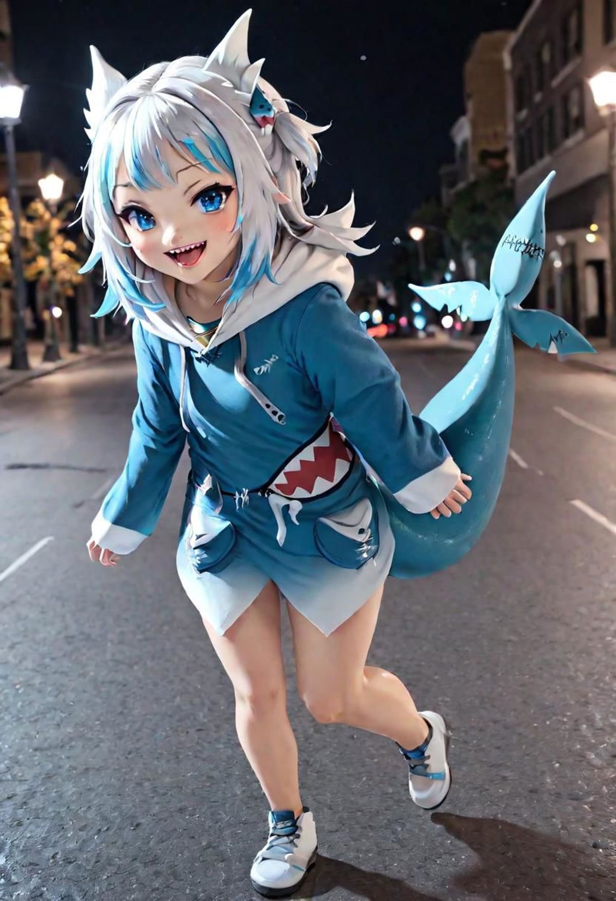 <lora:Gawr_Gura__SDXL:1> gawr gura, teeth, solo, tail, sharp teeth, shark tail, shark girl, hood, looking at viewer, hoodie, smile, blush, open mouth,  hair ornament, walking on a city street at night,  blue claws, critterz, cute, dragon wings, critter