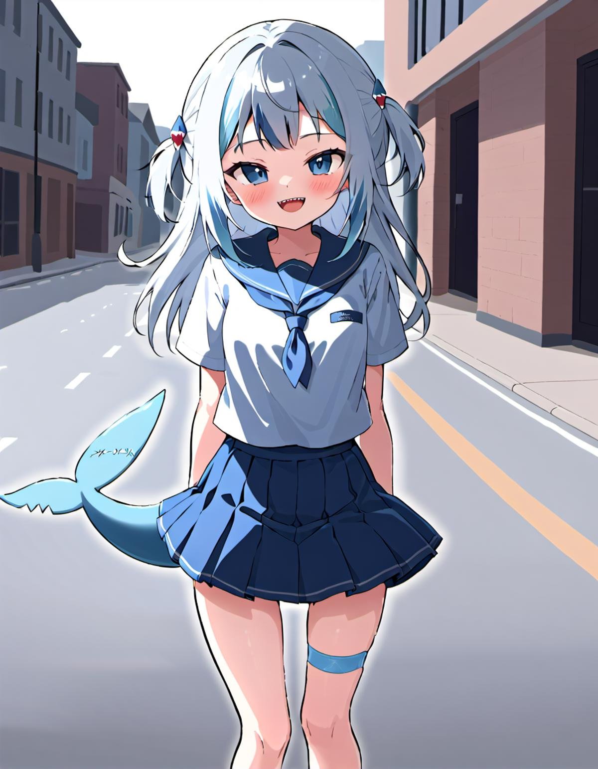 <lora:Gawr_Gura__SDXL:1> gawr gura, teeth, solo, tail, sharp teeth, shark tail, shark girl, looking at viewer, smile, blush, open mouth,  walking on a city street during the day, skirt, school uniform, hair ornament, blue skirt, blush, shark girl, bandaid, long hair, pleated skirt, shirt