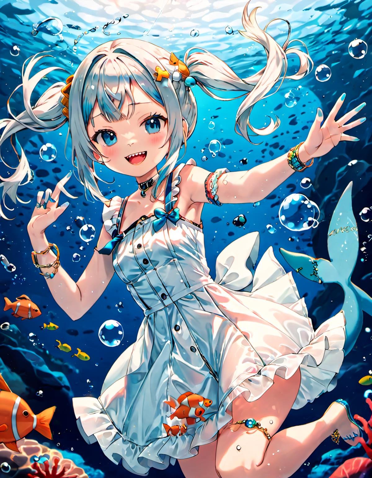 <lora:Gawr_Gura__SDXL:0.8> gawr gura, solo, teeth, fish, smile, sharp teeth, looking at viewer, twintails, long hair, underwater, :d, blush, dress, blue nails, jewelry, nail polish, open mouth, bubble, white dress, tail, air bubble, braid, hand up, shark tail, bracelet