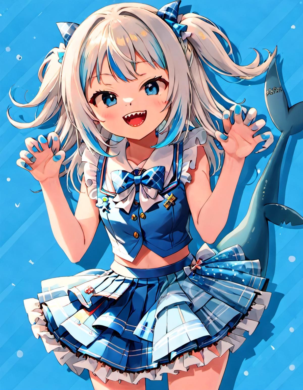 <lora:Gawr_Gura__SDXL:0.8>gawr gura, sharp teeth, shark tail, solo, shark girl, idol clothes, open mouth, two side up, looking at viewer, bow, smile, skirt, claw pose, hair ornament, layered skirt, blue nails, idol, blue background, white bow, :d, long hair