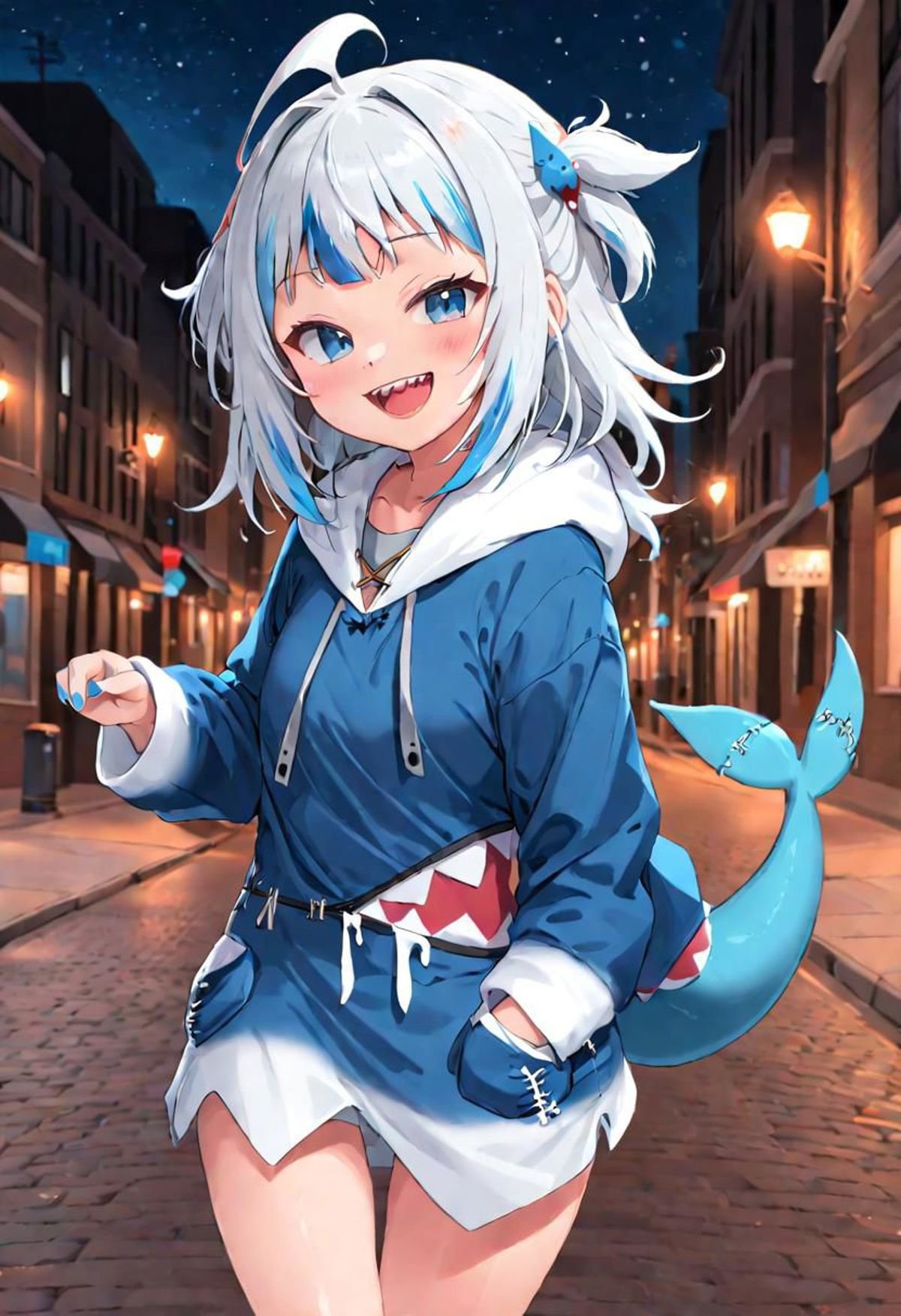 <lora:Gawr_Gura__SDXL:1> gawr gura, teeth, solo, tail, sharp teeth, shark tail, shark girl, hood, looking at viewer, hoodie, smile, blush, open mouth,  hair ornament, walking on a city street at night,  blue nails,