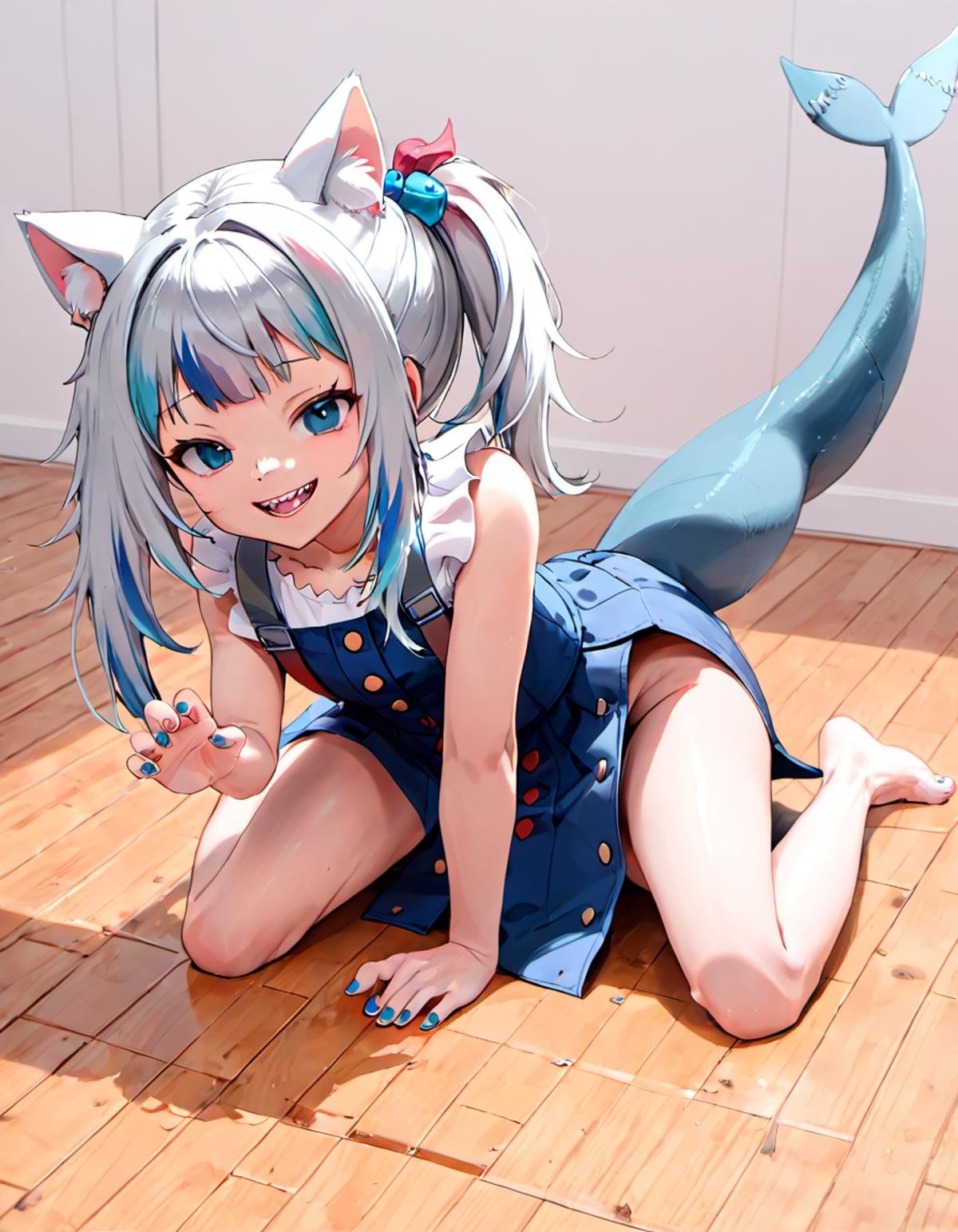 <lora:Gawr_Gura__SDXL:0.8>gawr gura, solo, grin, cat ears, sharp teeth, kneeling, shark tail, looking at viewer, official alternate costume, shark girl, side ponytail, white background, barefoot, wood floor, nail polish, hair ornament 