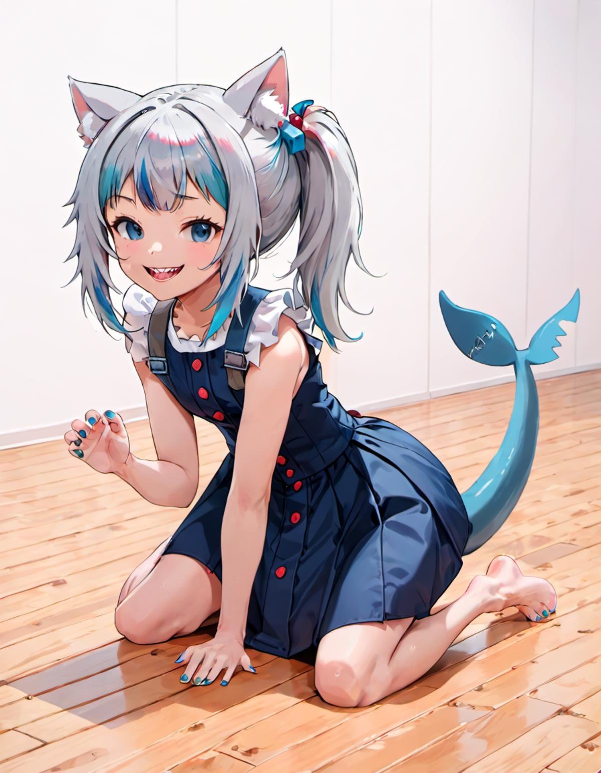 <lora:Gawr_Gura__SDXL:0.8>gawr gura, solo, grin, cat ears, sharp teeth, kneeling, shark tail, looking at viewer, official alternate costume, shark girl, side ponytail, white background, barefoot, wood floor, nail polish, hair ornament 