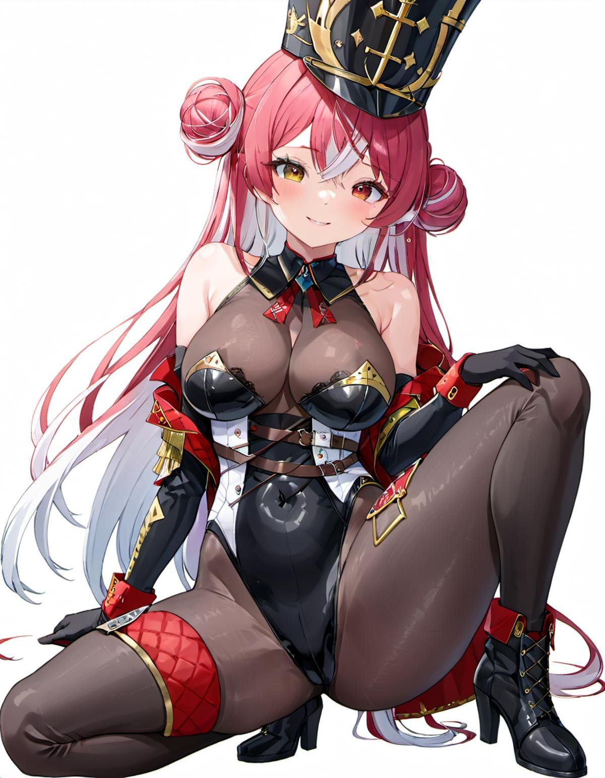 <lora:Houshou_Marine:.8>  houshou marine, solo, shako cap, large breasts, long hair, hat, gloves, heterochromia, covered navel, looking at viewer, white hair, leotard, multicolored hair, parted lips, white background, elbow gloves, black leotard, smile, simple background, blush, thigh boots, bare shoulders, boots, pantyhose, hair bun, black headwear, cleavage, holding, black gloves, streaked hair, black footwear, official alternate costume