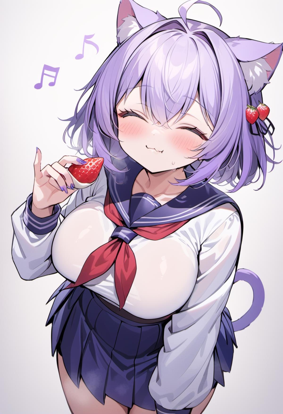 rating:general,  <lora:Filian_SDXL:1>, 1girl, solo, school uniform, closed eyes, cat ears, food, fruit, serafuku, strawberry, skirt, ahoge, musical note, eating, :3, cat girl, purple hair, white hair, holding, neckerchief, pleated skirt, holding food, hair ornament, blue skirt, blush, breasts, red neckerchief, smile, short hair, eighth note, large breasts, hair intakes, hair between eyes, sailor collar, nail polish,, masterpiece, best quality