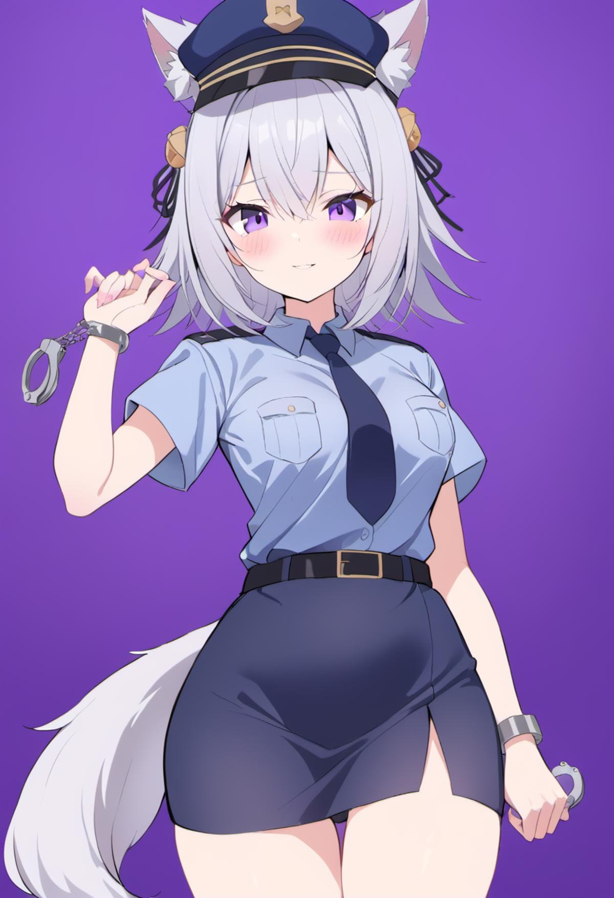 rating: general,  <lora:Filian_SDXL:1>, 1girl, police, police uniform, solo, policewoman, handcuffs, grey hair, skirt, cuffs, uniform, purple background, police hat, hat, shirt, blush, necktie, blue skirt, parted lips, blue shirt, belt, pencil skirt, black belt, looking at viewer, short sleeves, simple background, holding, bangs, breasts, collared shirt, blue necktie, hair between eyes, smile, wolf girl, wolf ears, blue headwear, cowboy shot, wolf tail, masterpiece, best quality