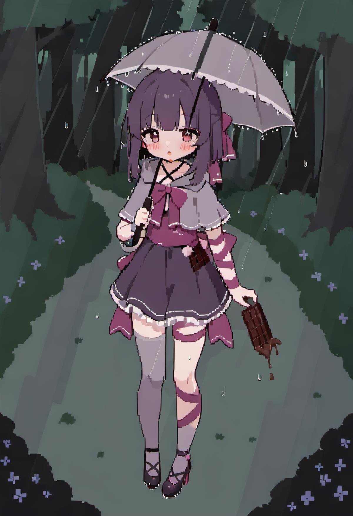 masterpiece, best quality, rating: general, newest,  <lora:Fallenshadow_SDXL:0.8>, Fallenshadow, leg ribbon, grey capelet, forest, solo, nature, grey thighhighs, criss-cross halter, single thighhigh, outdoors, arm ribbon, rain, holding umbrella, waist bow, blush, frilled dress, single wrist cuff, halterneck, capelet, short dress, petite, black footwear, bush, black dress, grey cape, cloak, tree, zettai ryouiki, full body, high heels, standing, chocolate, cape, :o