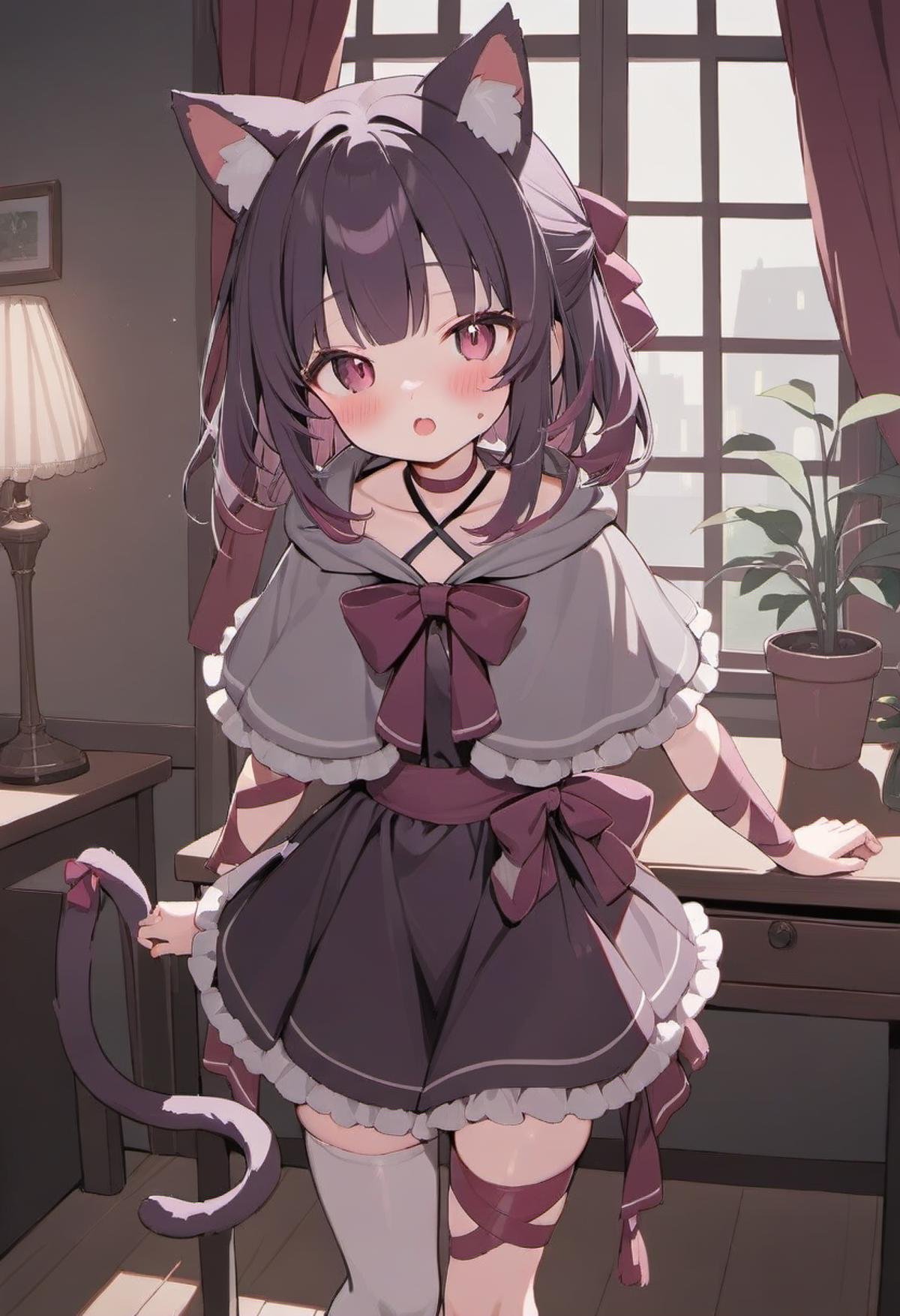 masterpiece, best quality, rating: general, newest,  <lora:Fallenshadow_SDXL:0.8>, Fallenshadow, arm ribbon, solo, criss-cross halter, indoors, cat ears, capelet, cat tail, frills, grey capelet, looking at viewer, frilled dress, black dress, animal ear fluff, thighhighs, blush, halterneck, cat girl, single thighhigh, plant, potted plant, desk, short dress, waist bow, window, grey cape, open mouth, frilled capelet, :o, standing, lamp, hood, chair, collarbone, cowboy shot