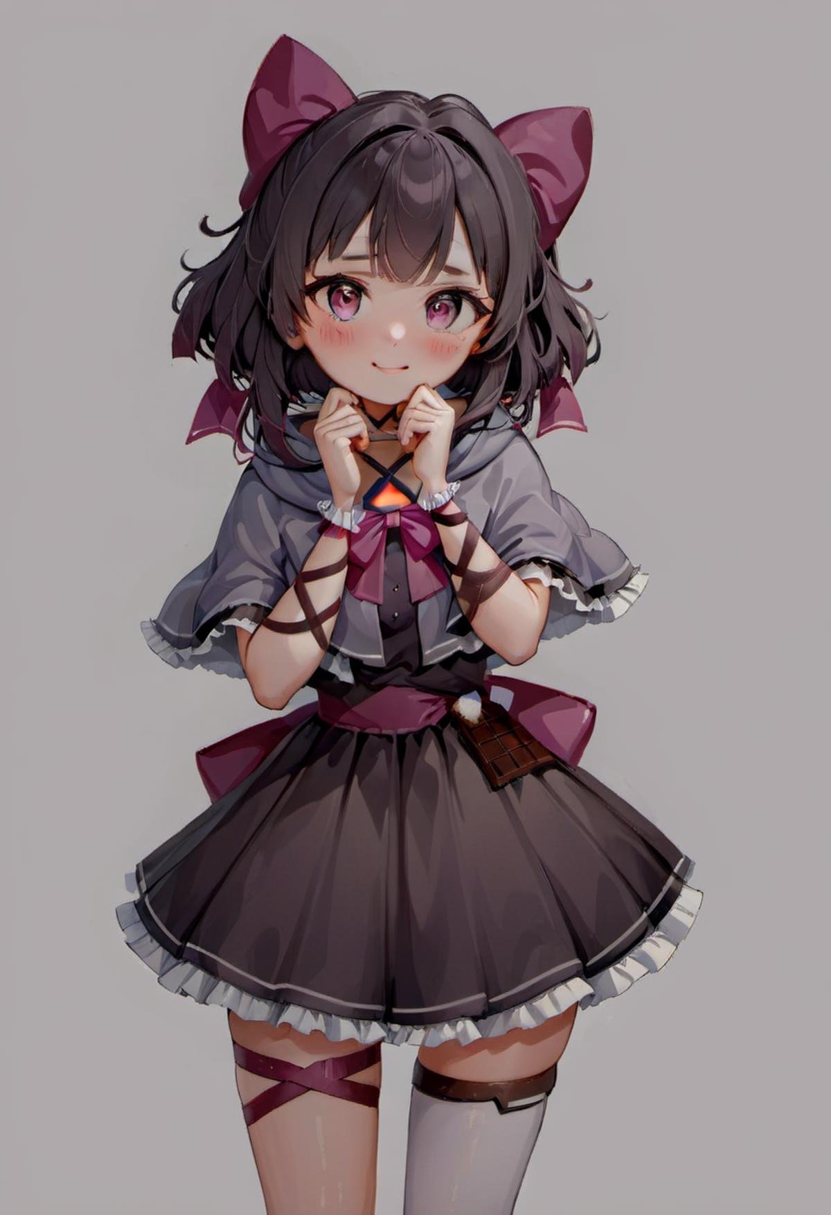 <lora:ral-exposure:1> ral-exposure, masterpiece, best quality, rating: general, newest,  <lora:Fallenshadow_SDXL:0.8>, Fallenshadow, yandere, chocolate, heart-shaped pupils, single wrist cuff, symbol-shaped pupils, solo, hands on own face, dress, food-themed clothes, criss-cross halter, waist bow, hood up, heart, shaded face, arm ribbon, grey cape, cloak, capelet, hands on own cheeks, smile, grey capelet, black dress, frills, halterneck, leg ribbon, cape, short dress, frilled dress, looking at viewer, petite, simple background, pink background, outline, white background, brown background 