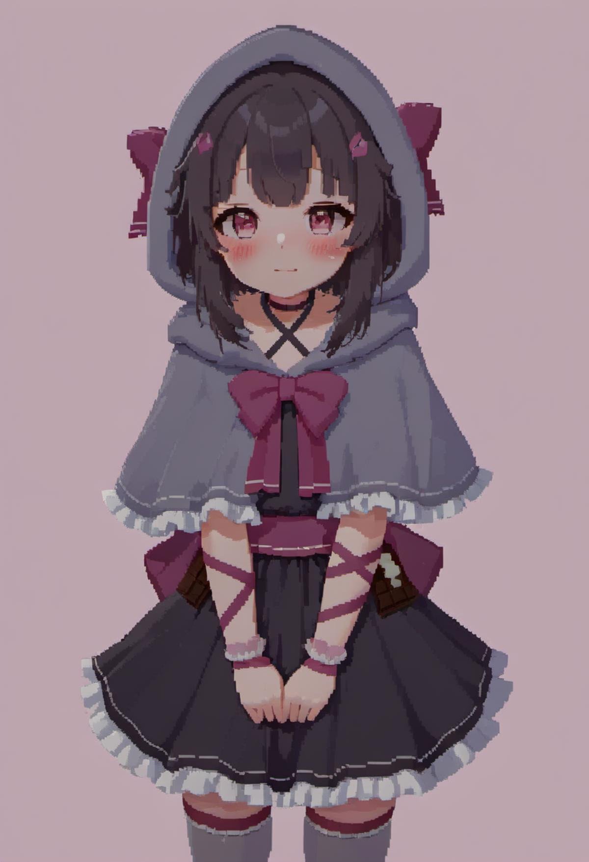 pixel art, masterpiece, best quality, rating: general, newest,  <lora:Fallenshadow_SDXL:0.8>, Fallenshadow, yandere, chocolate, heart-shaped pupils, single wrist cuff, symbol-shaped pupils, solo, hands on own face, dress, food-themed clothes, criss-cross halter, waist bow, hood up, heart, shaded face, arm ribbon, grey cape, cloak, capelet, hands on own cheeks, smile, grey capelet, black dress, frills, halterneck, leg ribbon, cape, short dress, frilled dress, looking at viewer, petite, simple background, pink background, outline, white background, brown background 