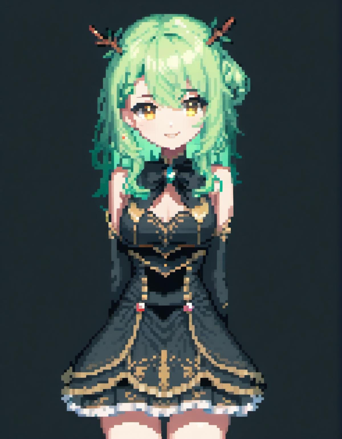 (Pixel art:1.2), 1girl, <lora:Ceres_Fauna:0.8>. green hair. golden eyes. dress, black background, seductive smile