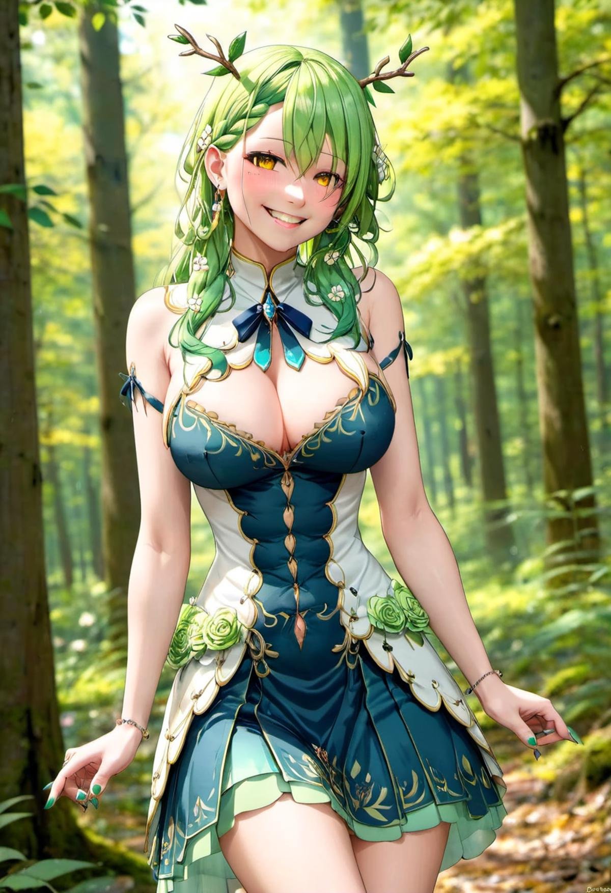 <lora:Ceres_Fauna:.7>, ceres fauna, solo, braid, full body, flower, braided bangs, yellow eyes, cleavage, smile, looking at viewer, medium breasts, mole under eye, hair ornament, single braid, long hair, jewelry, blush, dress, forest glade, hair flower, branch, earrings, leaf, bangs, green nails, <lora:perfect hands 2:.7> Perfect Hands, professional photo   