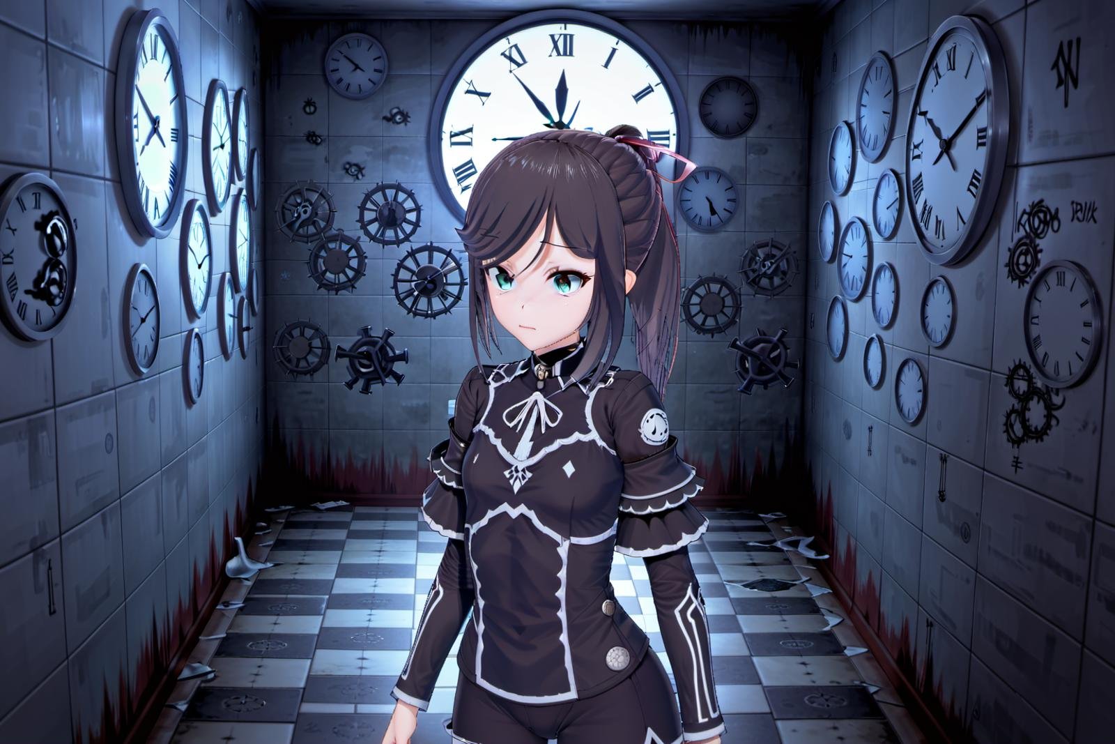 combat armor,  holding a gun, room with clocks, room with clocks covering all the walls, ponytail, looking at viewer, cosplay, facing viewer, cowboy shot, indoors, closed mouth, solo focus, hair between eyes, medium hair, hair ribbon, casual, ribbon, creepy smile, lips, (clocks:1.5), night, (dark:1.5), wall, bathroom, shadow, tiles, fog, standing, creepy, ominous, dark  <lora:Maya_Makinami:1> 