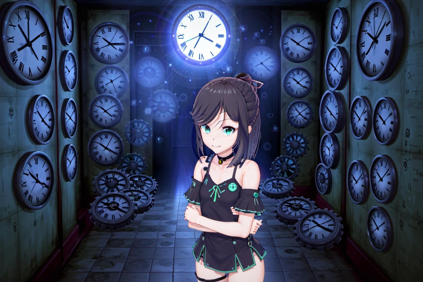 combat armor,  holding a gun, room with clocks, room with clocks covering all the walls, ponytail, looking at viewer, glowing eyes, eye contact, cosplay, facing viewer, cowboy shot, indoors, closed mouth, solo focus, hair between eyes, medium hair, hair ribbon, casual, ribbon, creepy smile,  (big smile:1.6), lips, (clocks:1.5), night, (dark:1.5), wall, bathroom, shadow, tiles, fog, standing, creepy, ominous, dark  <lora:Maya_Makinami:1> 