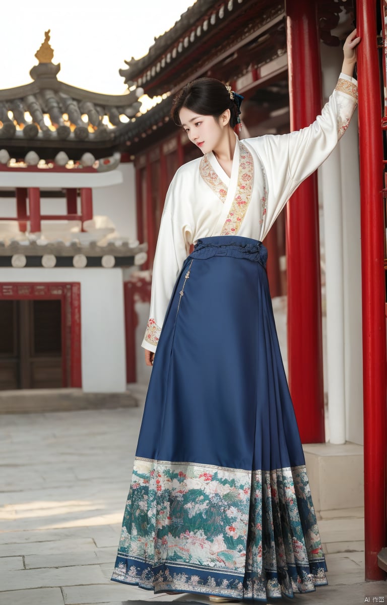 1girl, mamianqun, dancing wantonly in a square, super realistic, good-looking girl, medium chest, thin waist, Chinese eldest lady, behind is the traditional Chinese palace,