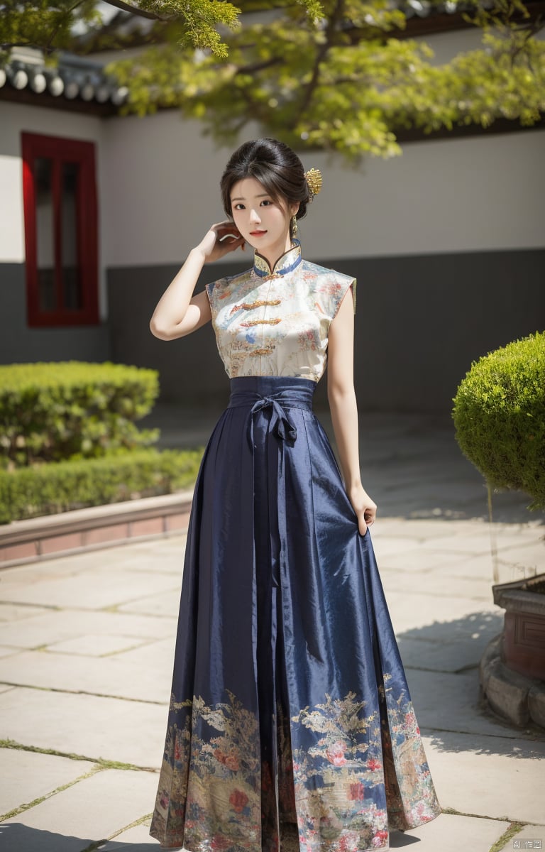 1girl, mamianqun, dancing wantonly in a square, super realistic, good-looking girl, medium chest, thin waist, Chinese eldest lady, behind is the traditional Chinese palace,