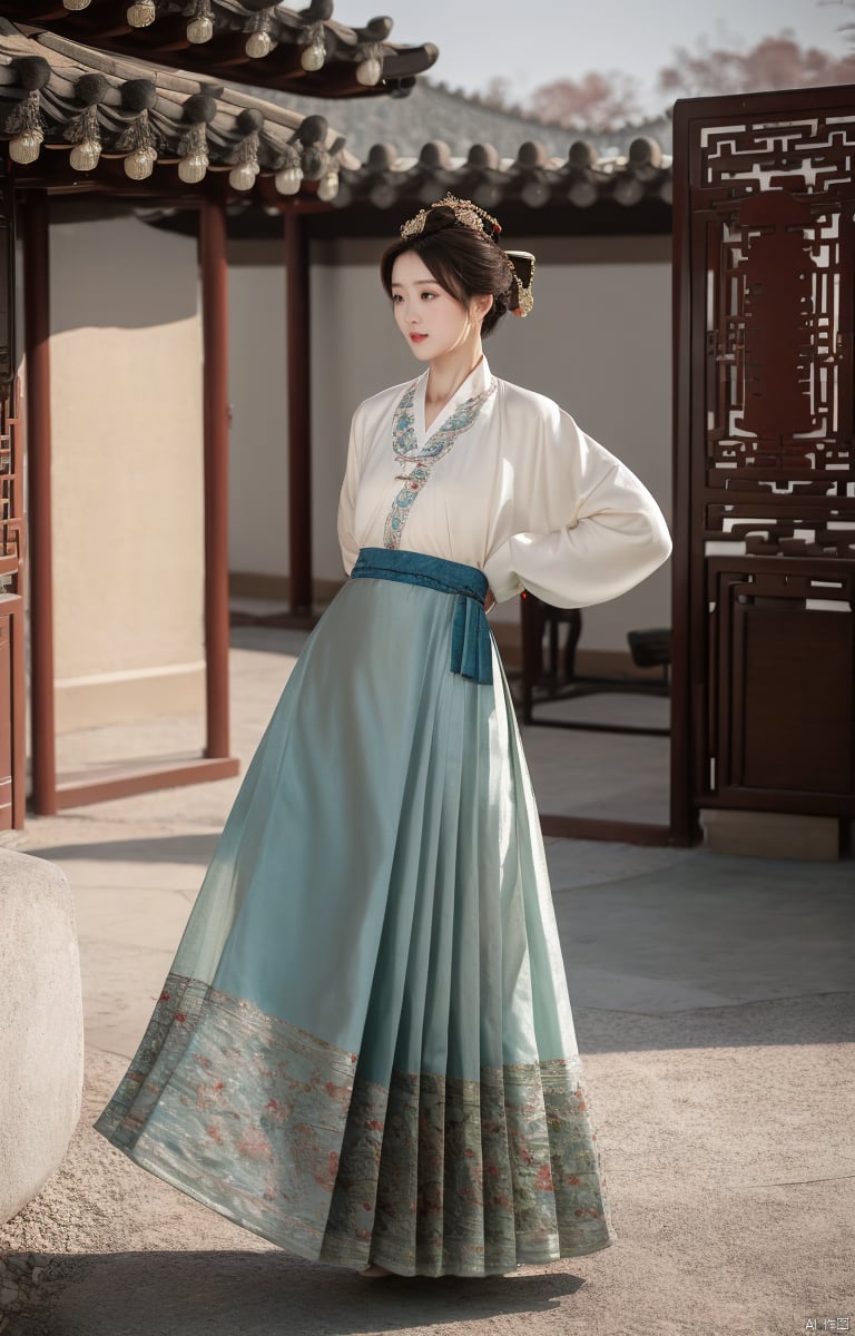 1girl, mamianqun, dancing wantonly in a square, super realistic, good-looking girl, medium chest, thin waist, Chinese eldest lady, behind is the traditional Chinese palace,