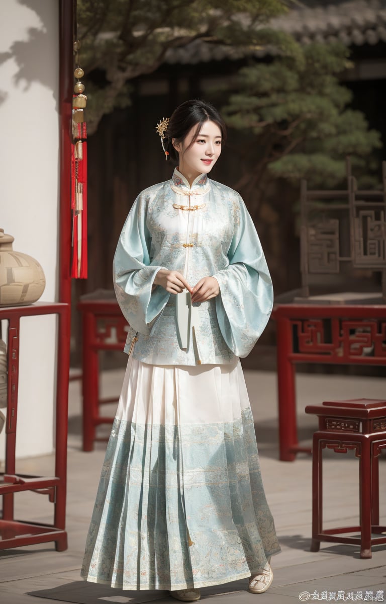 1girl, mamianqun, dancing wantonly in a square, super realistic, good-looking girl, medium chest, thin waist, Chinese eldest lady, behind is the traditional Chinese palace,