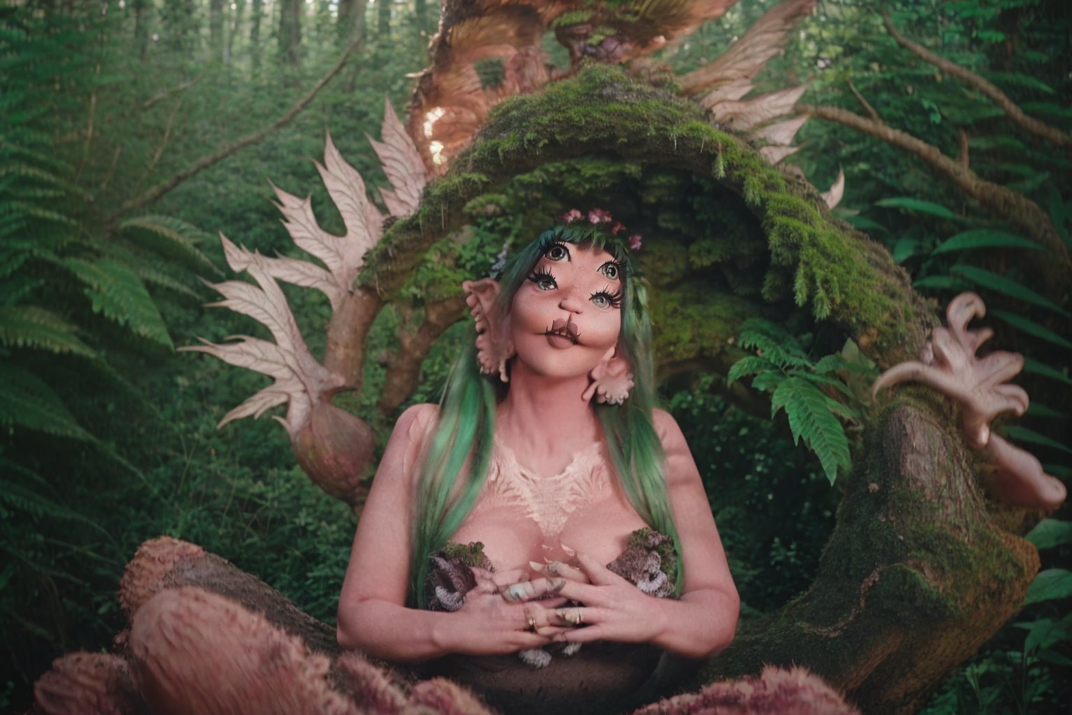 A woman sits cross-legged on a moss-covered log in a serene forest glade. Her upper body is framed by the lush greenery behind her, with pink flowers and leaves peeking out from beneath her loose hair. Her face radiates calmness as she gazes down at something in front of her, her hands resting gently on her knees