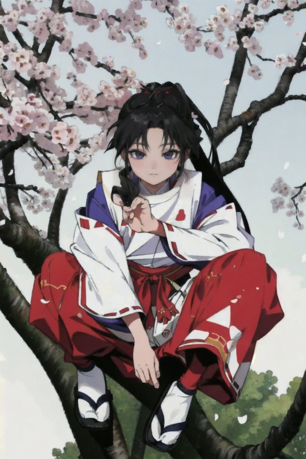 outdoors, tree, cherry blossoms, scenery,8k,soft light, 1boy, 10 year-old ,solo, long hair, black hair,looking at viewer, smile, white long sleeves, (realistic skin),  (light smile:1.1),(sit on tree), very long hair, closed mouth, purple eyes, full body, ponytail, weapon, male focus, japanese clothes, pants, sword, wide sleeves, red ribbon, sandals, katana, black background, sheath, ribbon trim, ribbon-trimmed sleeves, sheathed, tabi,Realism, photorealistic,  cinematic lighting effects, realism, super realistic