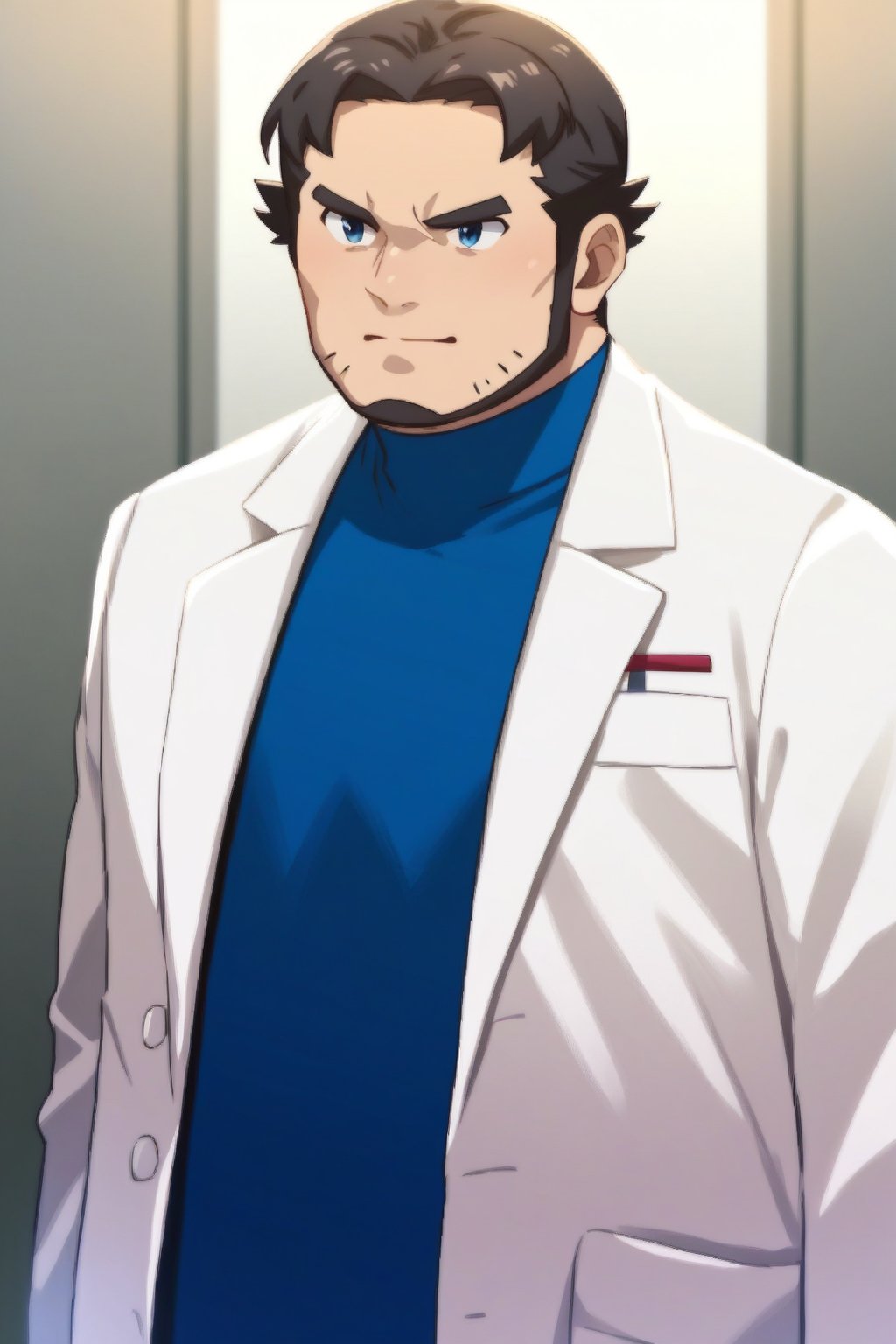 score_9, score_8_up, score_7_up, score_6_up, score_5_up, score_4_up, source_anime, masterpiece, best quality, lots of details, dynamic pose, BREAK, 2d, solo, 1boy, packbirch, lab coat, blue shirt, facial hair, stubble beard, shaded, detailed face, detailed shading, detailed skin, shaded skin, realistic shading, perfect hands, perfect anatomy, countershading:1.1, standing, upper body