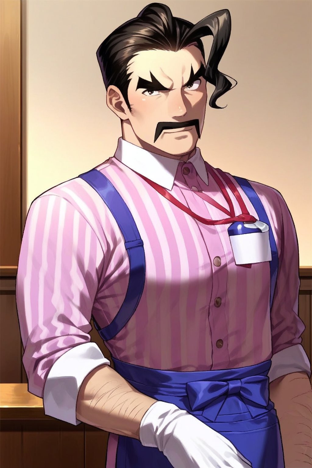 score_9, score_8_up, score_7_up, score_6_up, score_5_up, score_4_up, source_anime, masterpiece, best quality, lots of details, dynamic pose, BREAK, solo, 1boy, packsaguaro, striped shirt, suspenders, apron, mustache, shaded, detailed face, detailed shading, detailed skin, shaded skin, realistic shading, perfect hands, perfect anatomy, countershading:1.1, standing, upper body