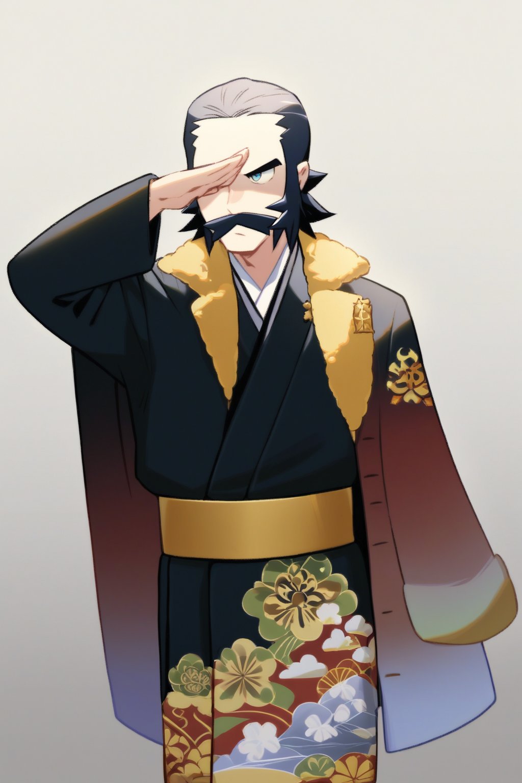 score_9, score_8_up, score_7_up, score_6_up, score_5_up, score_4_up, masterpiece, best quality, lots of details, dynamic pose, 2d, BREAK, solo, packkamado, jacket on shoulders, cape, kimono, sideburns, mustache, shaded, detailed face, detailed shading, detailed skin, shaded skin, realistic shading, perfect hands, perfect anatomy, countershading:1.1, standing, upper body, salute