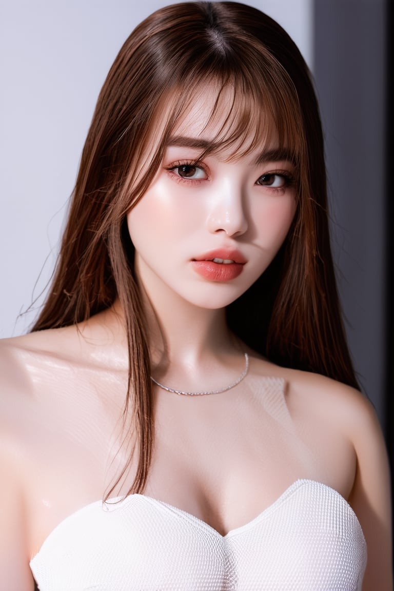 hubggirl, (Cinematic Aesthetic:1.4) , Cinematic Photo of a beautiful sexy korean fashion model, full body shot, long hair, make up, sexy, mesh, looking at viewer, bangs, bronze hair, brown eyes, parted lips, blunt bangs, lips, ultra-wide angle, depth of field, hyper detailed ,