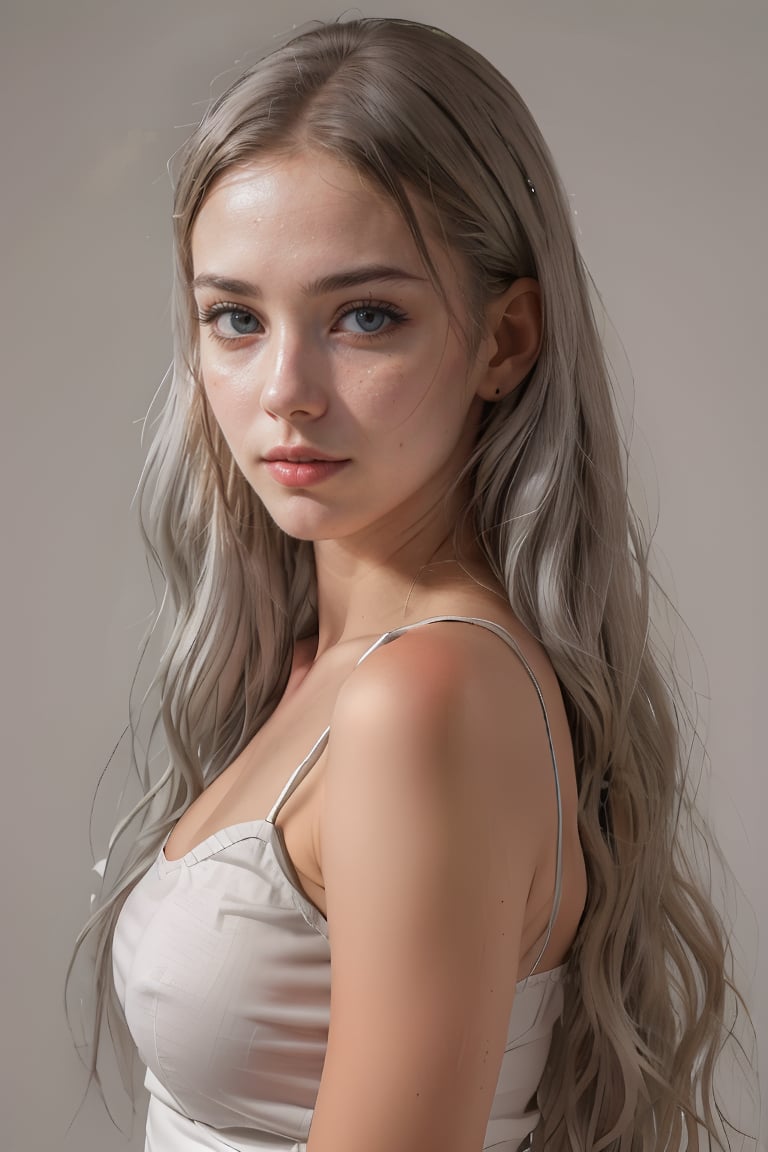 1girl, solo, upper body, grey hair, lips, traditional media, realistic