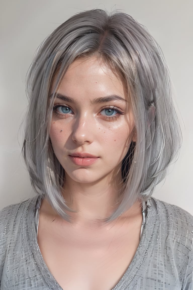 1girl, solo, upper body, grey hair, lips, traditional media, realistic