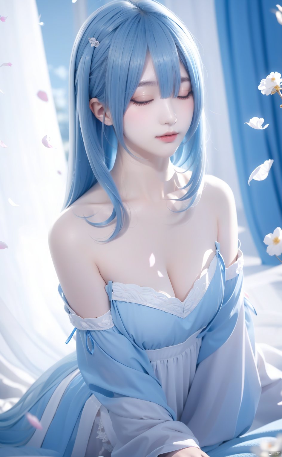 1girl, solo, long hair, long sleeves, dress, bare shoulders, very long hair, blue hair, lying, parted lips, indoors, white dress, parted bangs, petals, floating hair, on stomach, curtains, head rest, blindfold,light blue hair,(depth of field)
