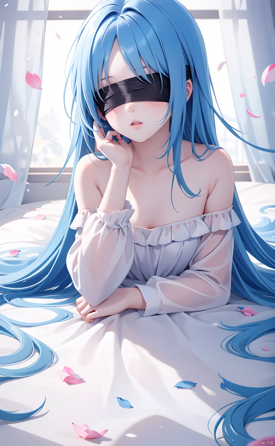 1girl, solo, long hair, long sleeves, dress, bare shoulders, very long hair, blue hair, lying, parted lips, indoors, white dress, parted bangs, petals, floating hair, on stomach, curtains, head rest, blindfold,light blue hair,(depth of field)
