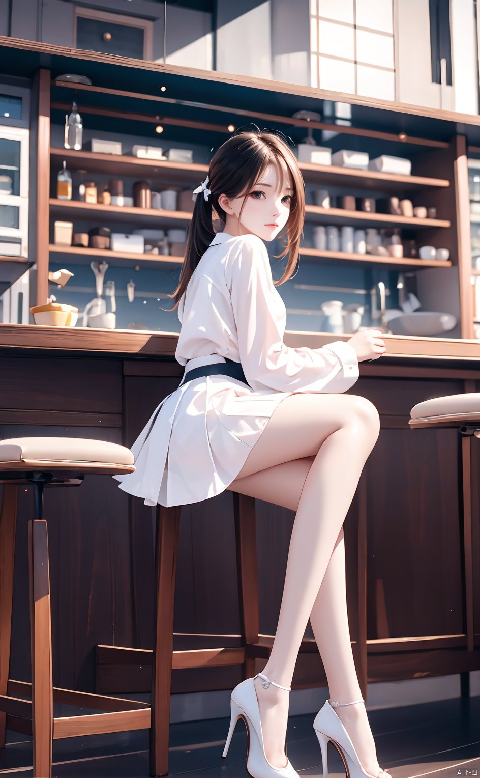 Masterpiece, ultra-clear picture quality, real effect, 8k ultra-clear, fine picture effect, 1 girl,(solo),Sit,Cocked feet, miniskirt, high heels,(White pantyhose:0.4), 